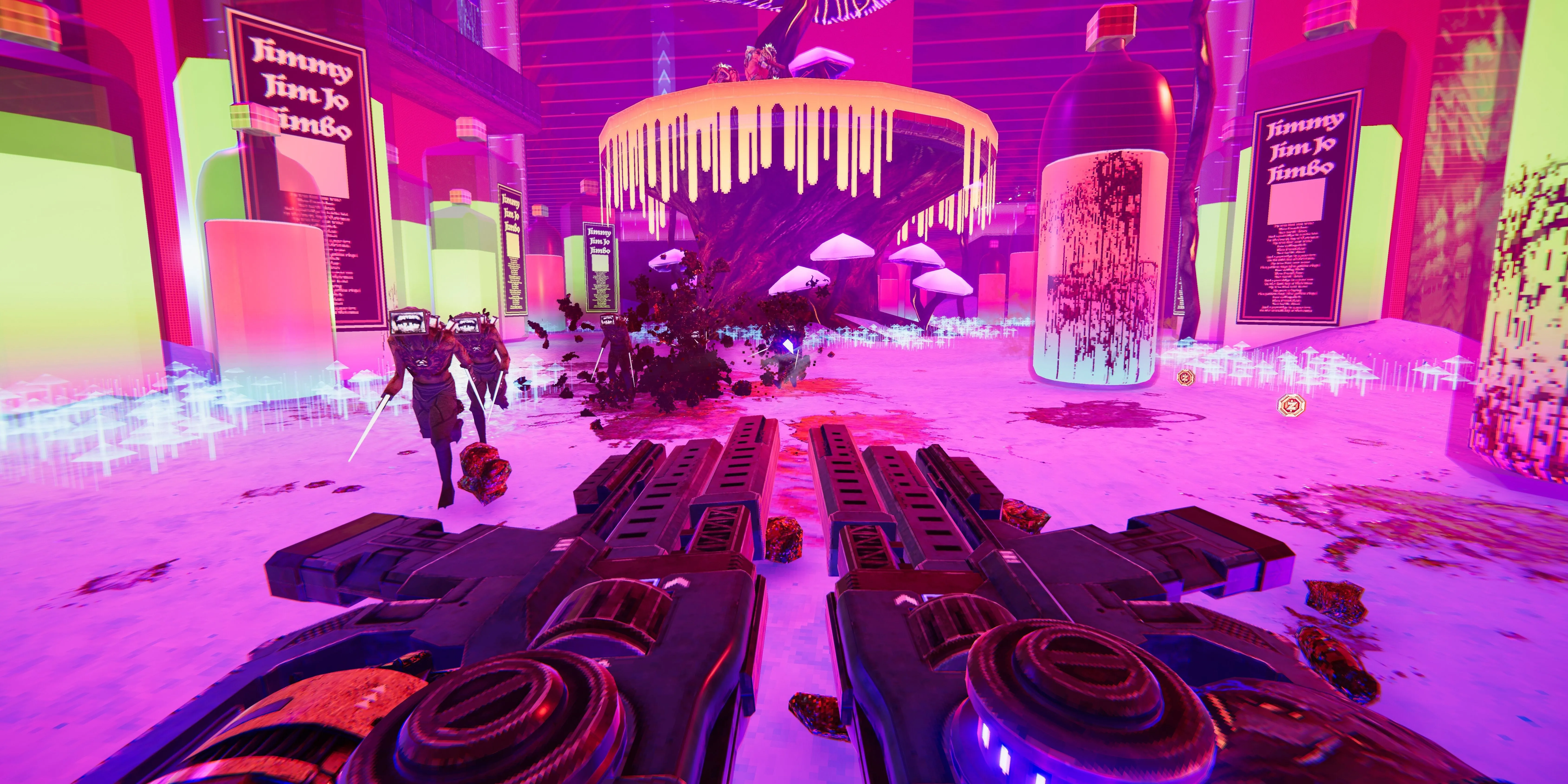 Nhân vật chính sử dụng cặp súng Uzi trong Turbo Overkill, một game FPS đồ họa pixel bạo lực và tốc độ cao với vũ khí cưa máy đặc trưng