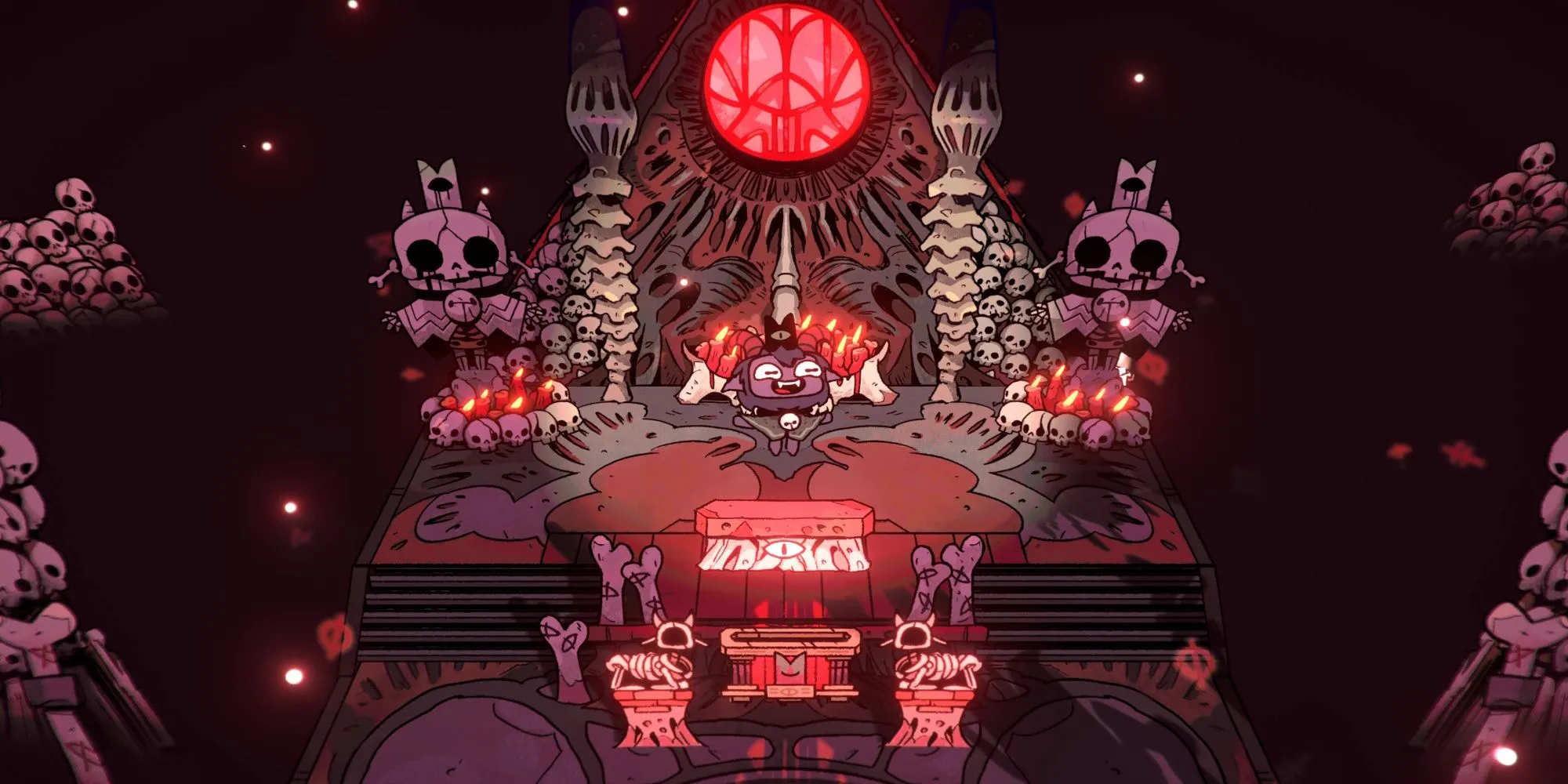 Nhân vật chính trong Cult of the Lamb, một chú cừu đáng yêu nhưng mang vẻ bí hiểm, đứng trước các tín đồ của mình