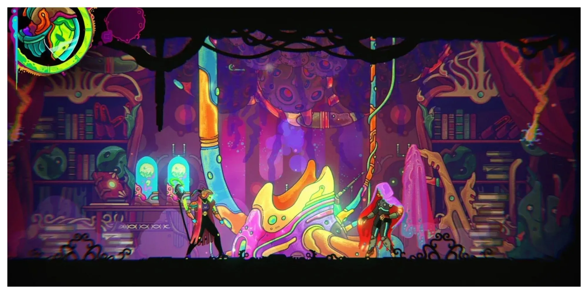 Nhân vật chính trong game Ultros giữa một thế giới đầy màu sắcサイケデリック, một tựa game Metroidvania có âm nhạc cuốn hút