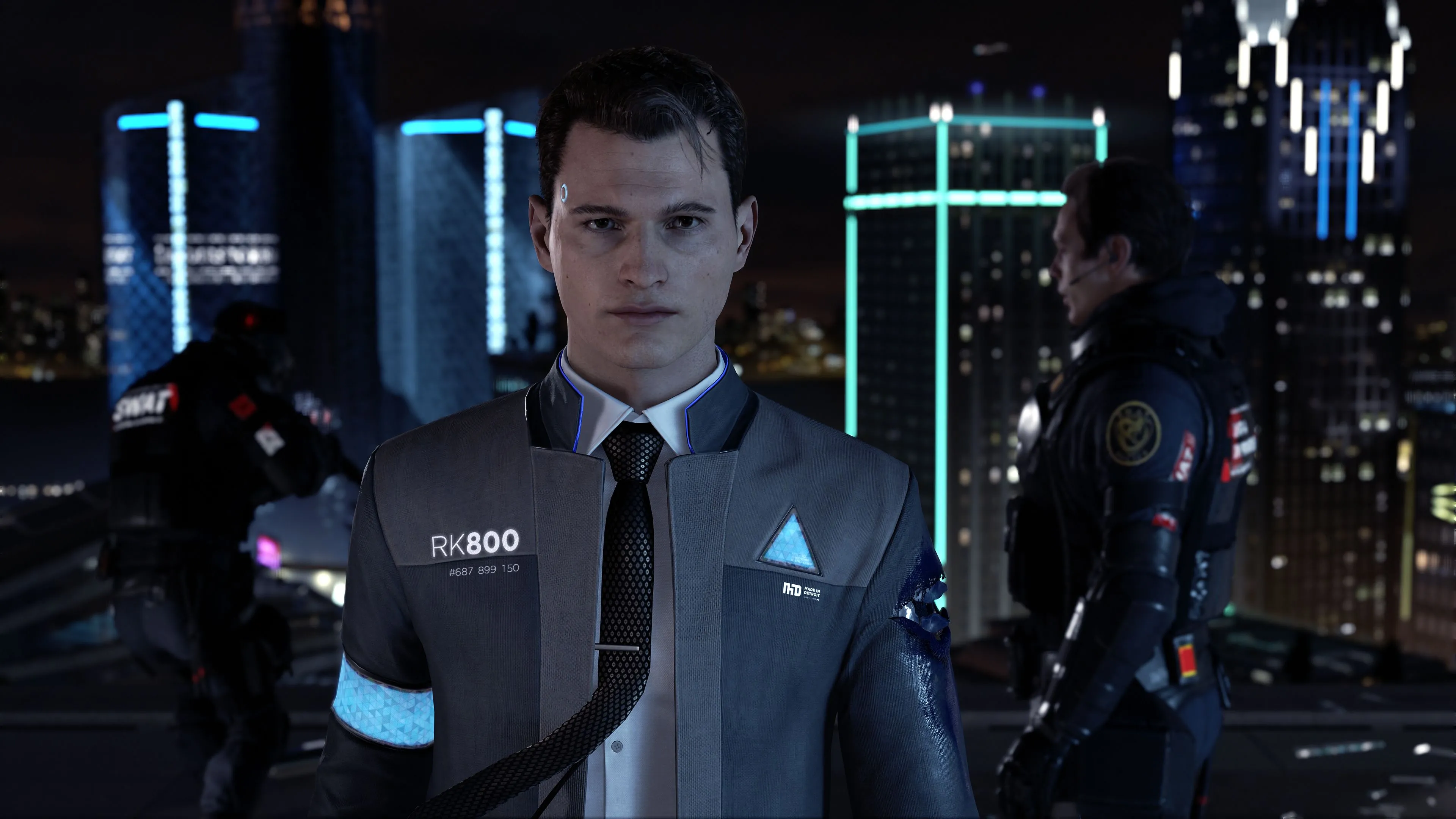 Nhân vật Connor trong Detroit Become Human đang phân tích hiện trường