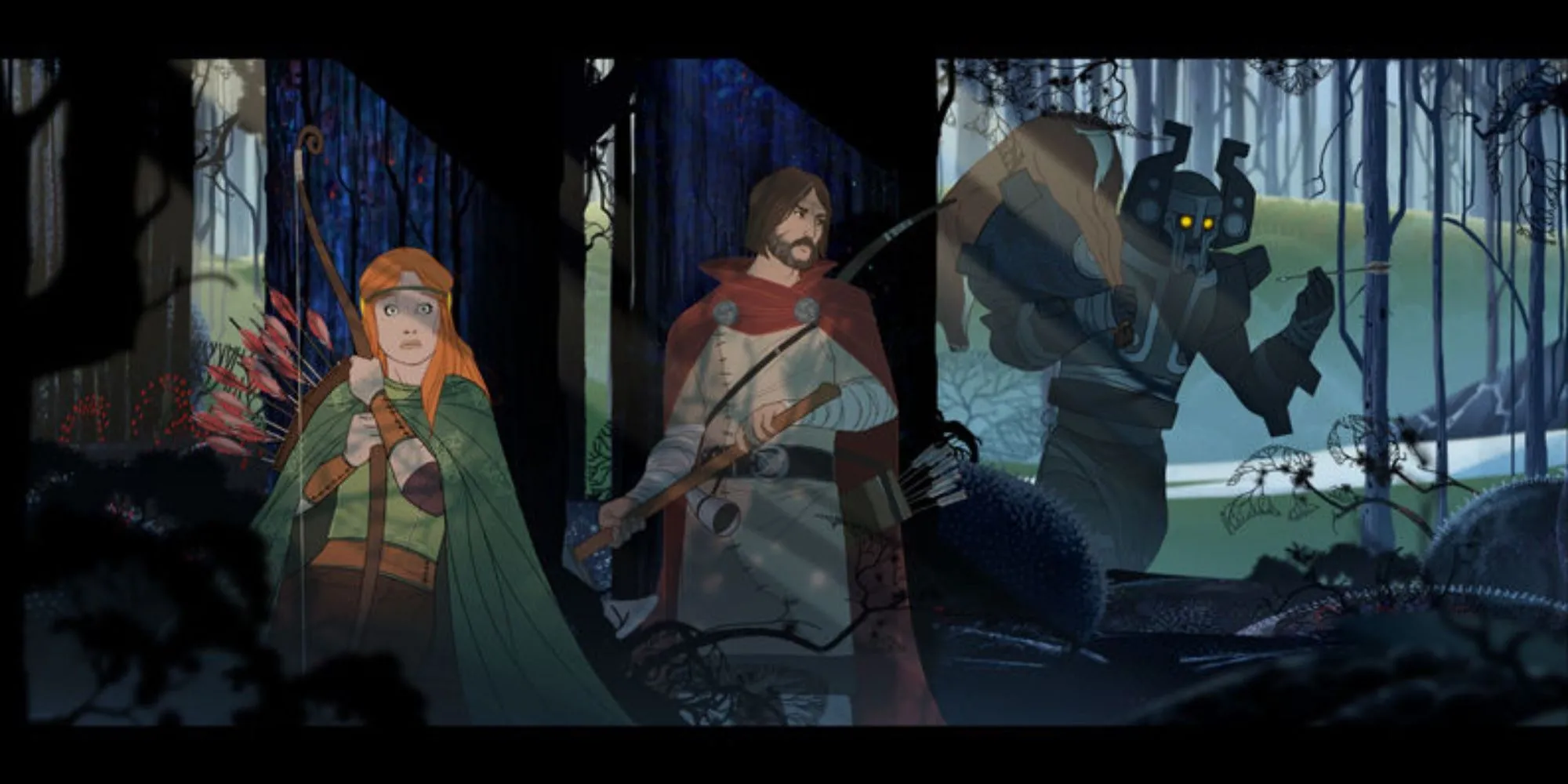 Nhân vật đang ẩn náu khỏi một người khổng lồ trong The Banner Saga