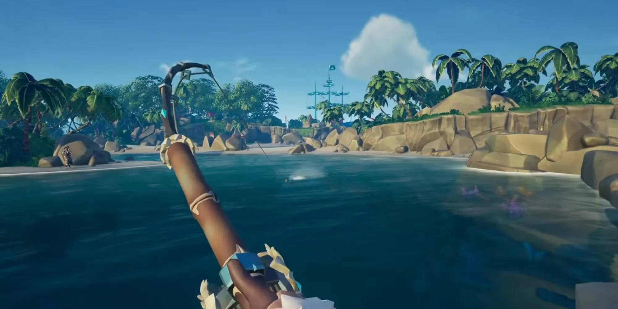Nhân vật đang câu cá trên thuyền trong game cướp biển Sea of Thieves