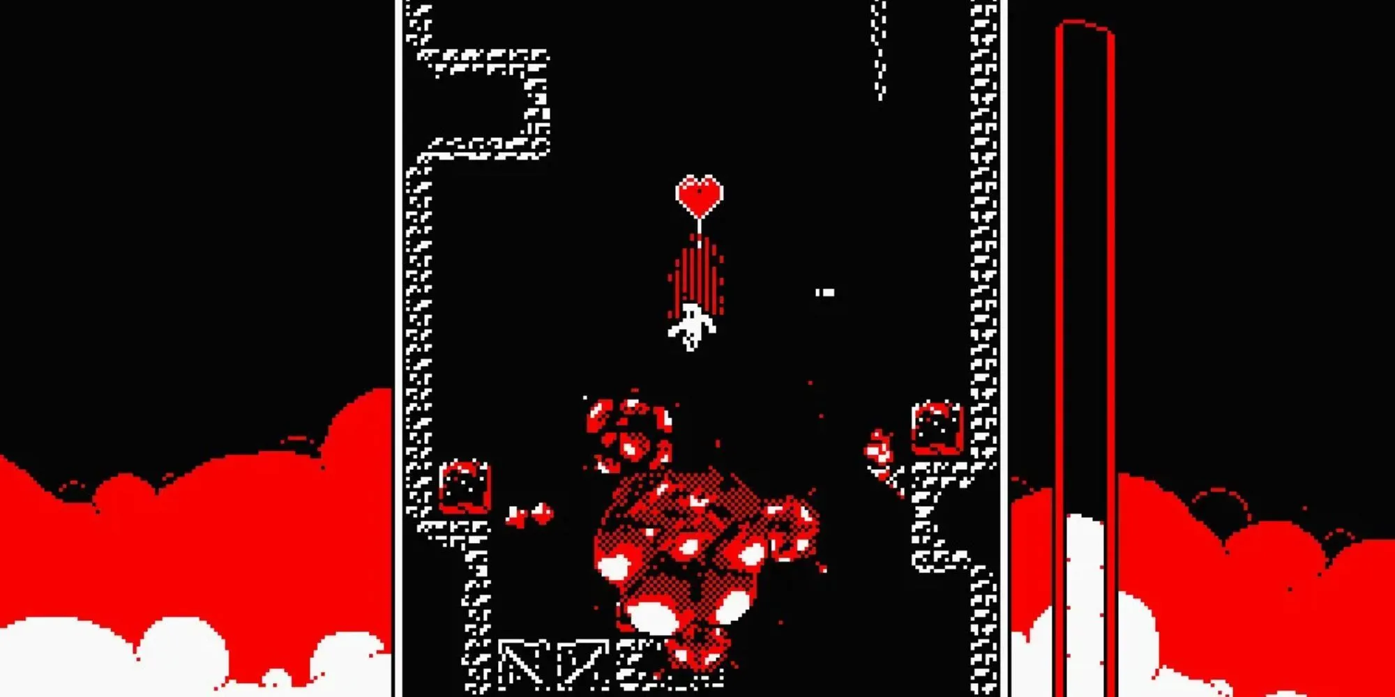 Nhân vật đang né tránh các vụ nổ trong game Downwell với đồ họa pixel art ba màu đen, trắng và đỏ
