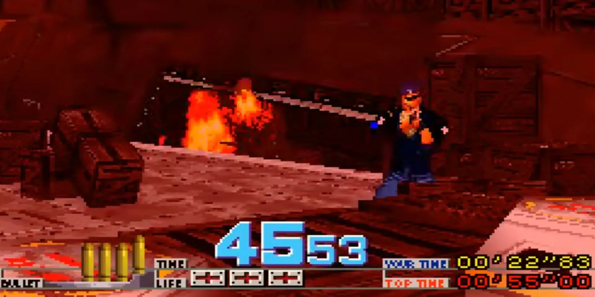Nhân vật đang nhắm bắn trong game arcade Time Crisis