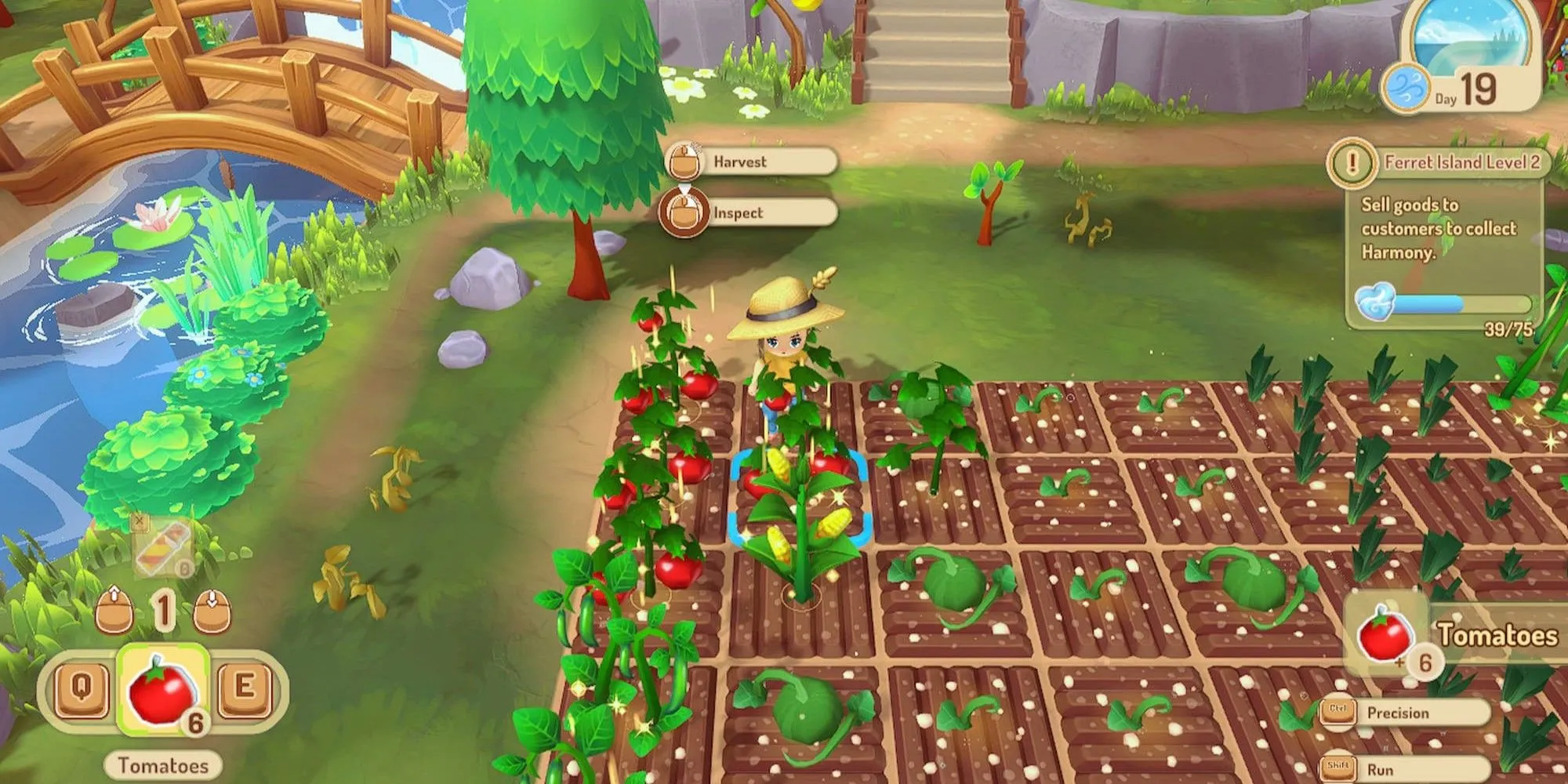 Nhân vật đang thu hoạch nông sản trong game nông trại Sugardew Island