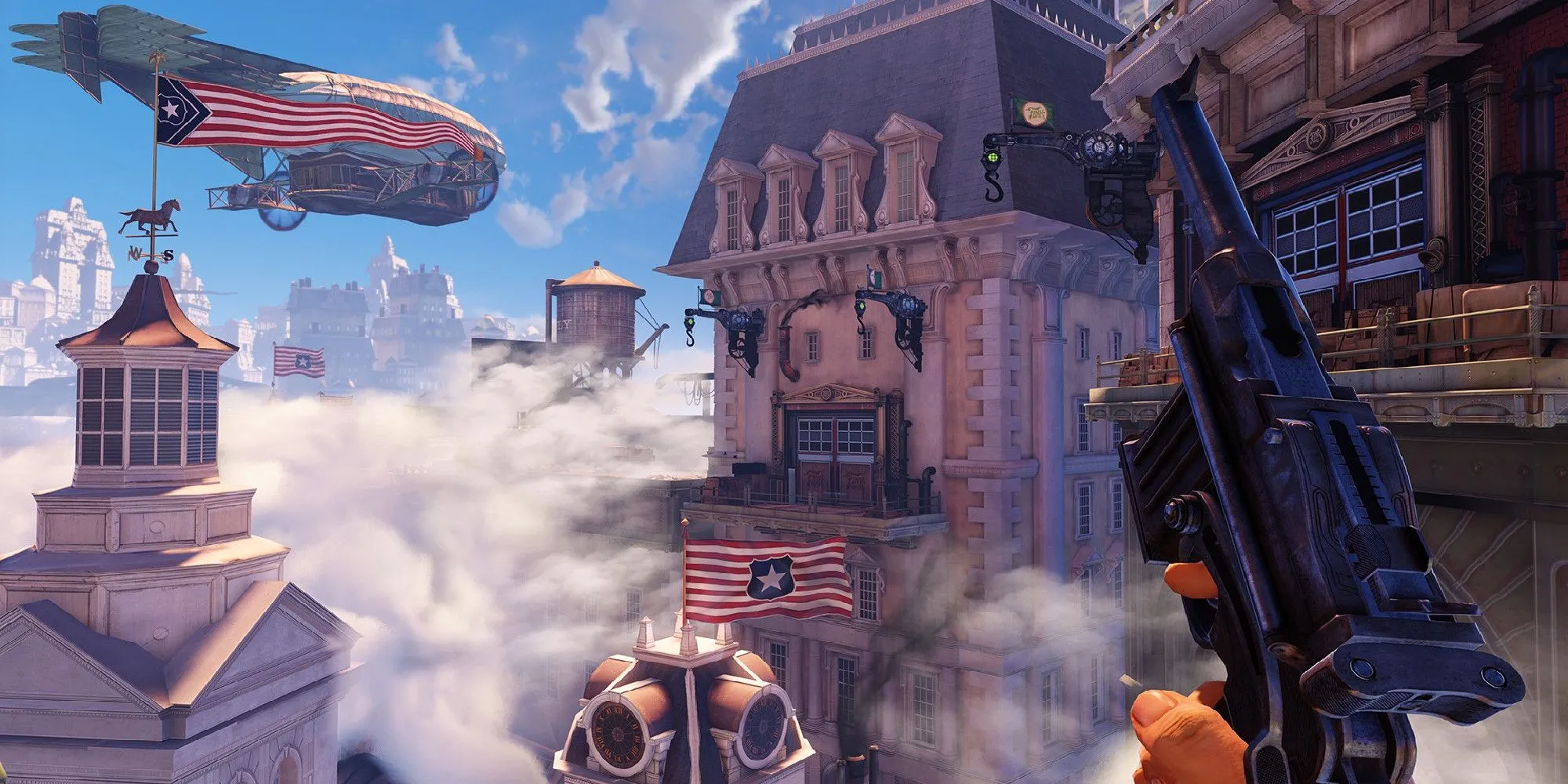 Nhân vật đi xuyên qua thành phố lơ lửng Columbia trong BioShock Infinite