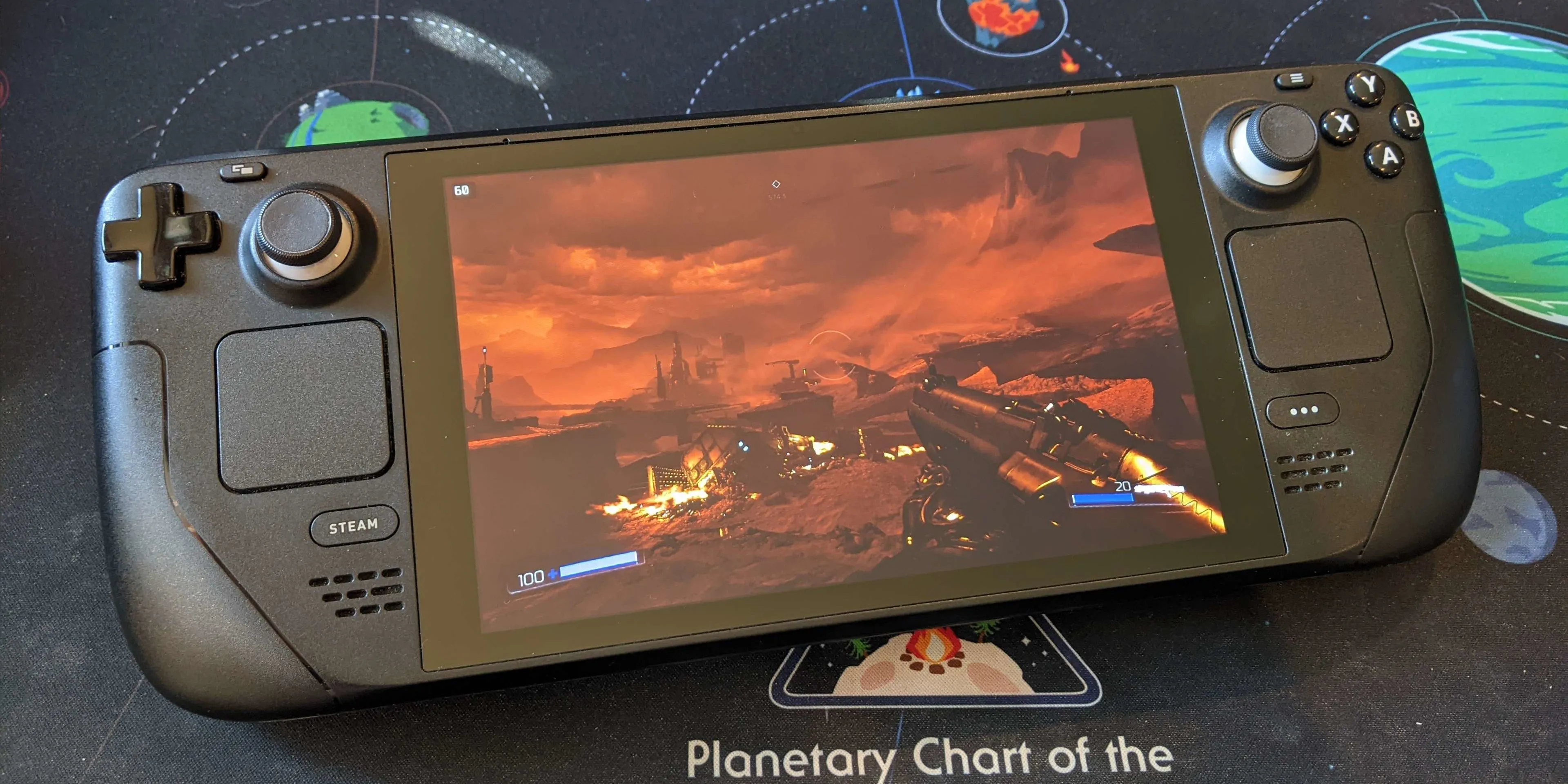 Nhân vật Doomguy đối mặt với quỷ trong DOOM 2016 hiển thị trên Steam Deck