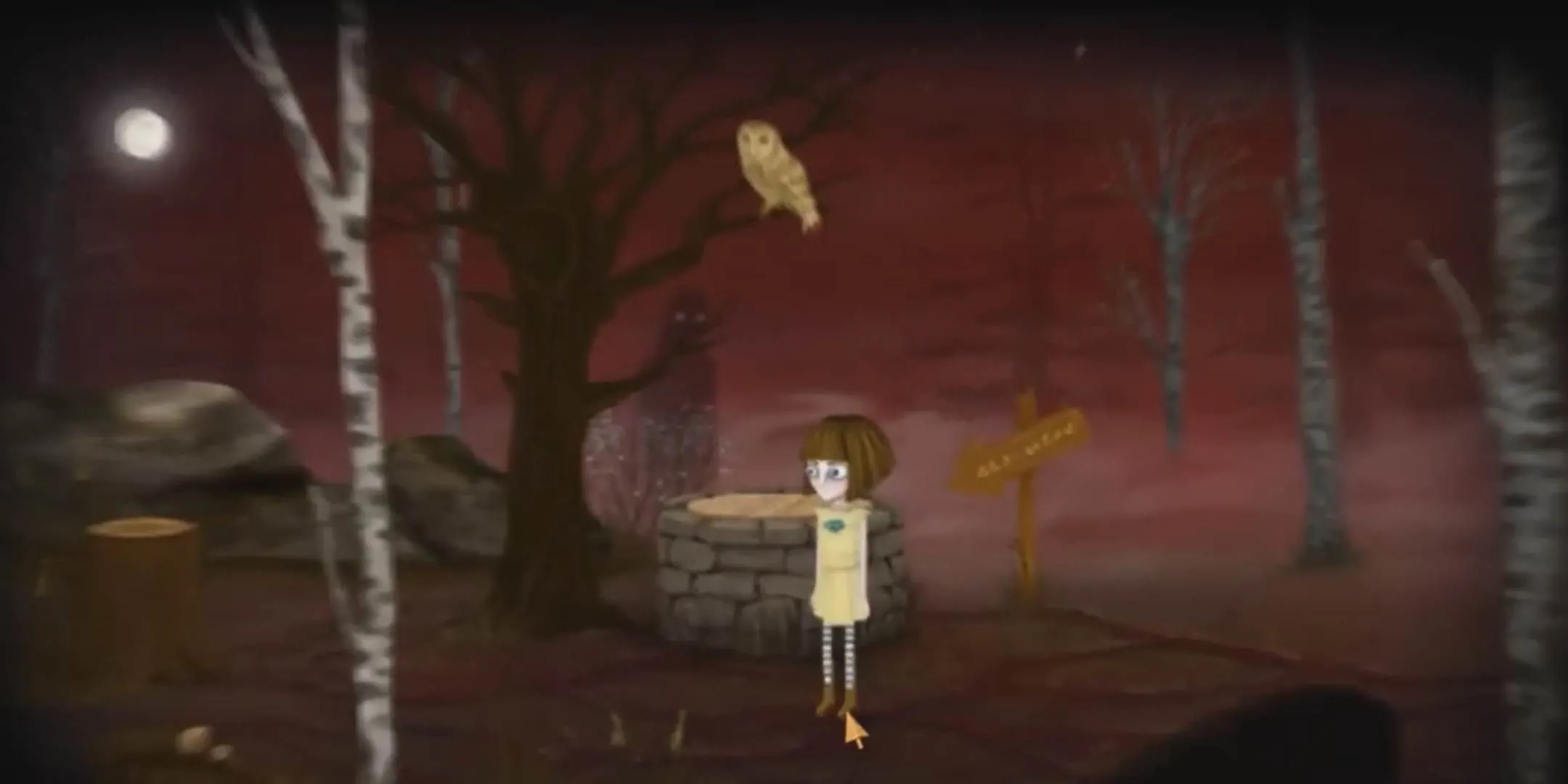 Nhân vật đứng gần cái giếng trong game Fran Bow