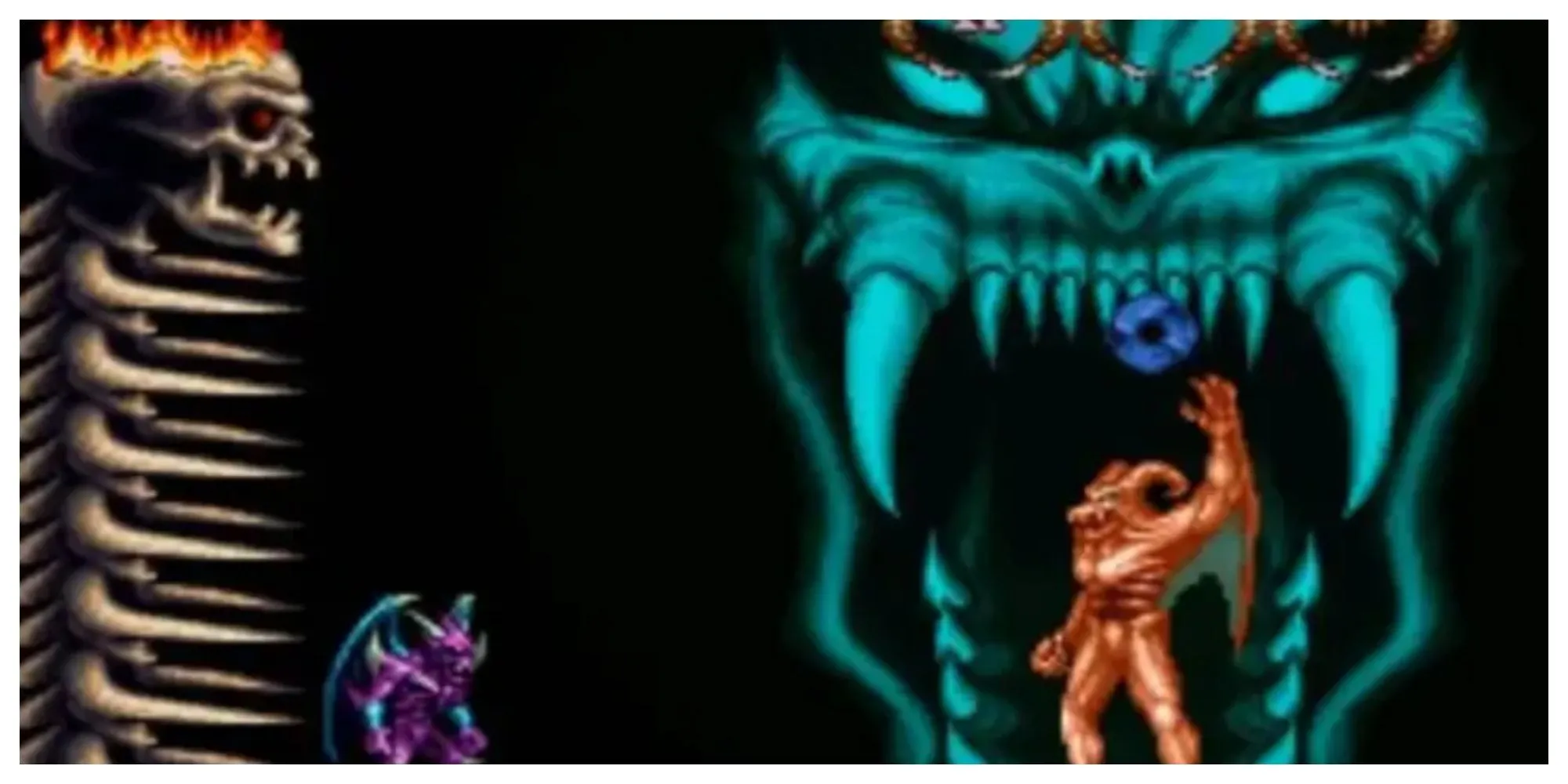 Nhân vật Firebrand trong Demon's Crest bay lượn trên bầu trời u ám, một tựa game Metroidvania SNES với nhạc nền gothic ấn tượng