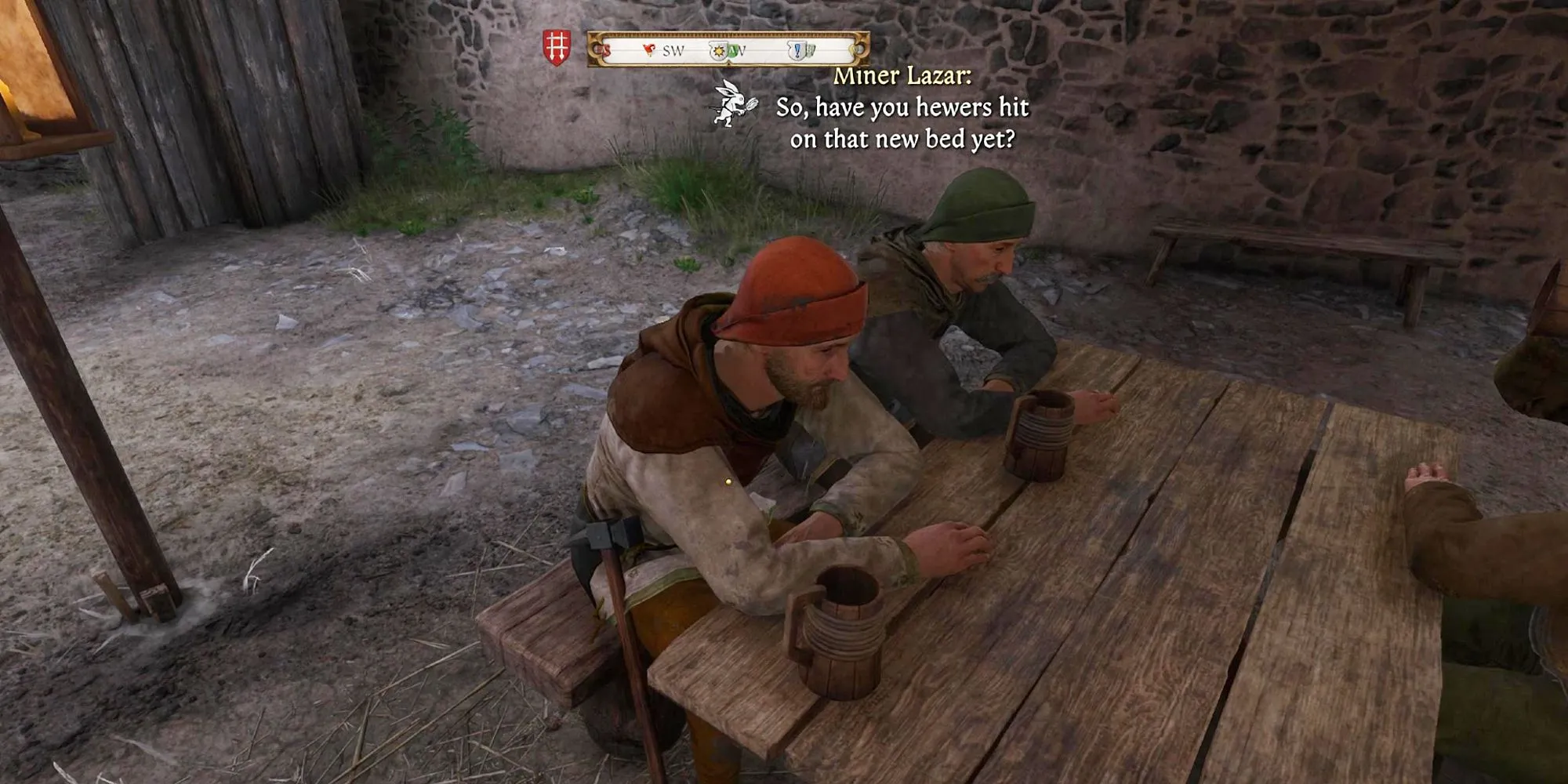 Nhân vật Foreman Vlach trong Kingdom Come Deliverance 2 đang đối thoại để giao nhiệm vụ Yackers 'n' Fash tại quán rượu Black Horse