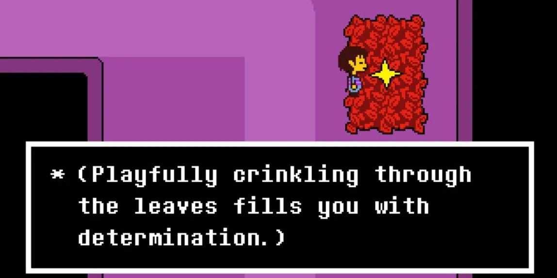 Nhân vật Frisk đứng ở điểm lưu game có lá cây trong Undertale