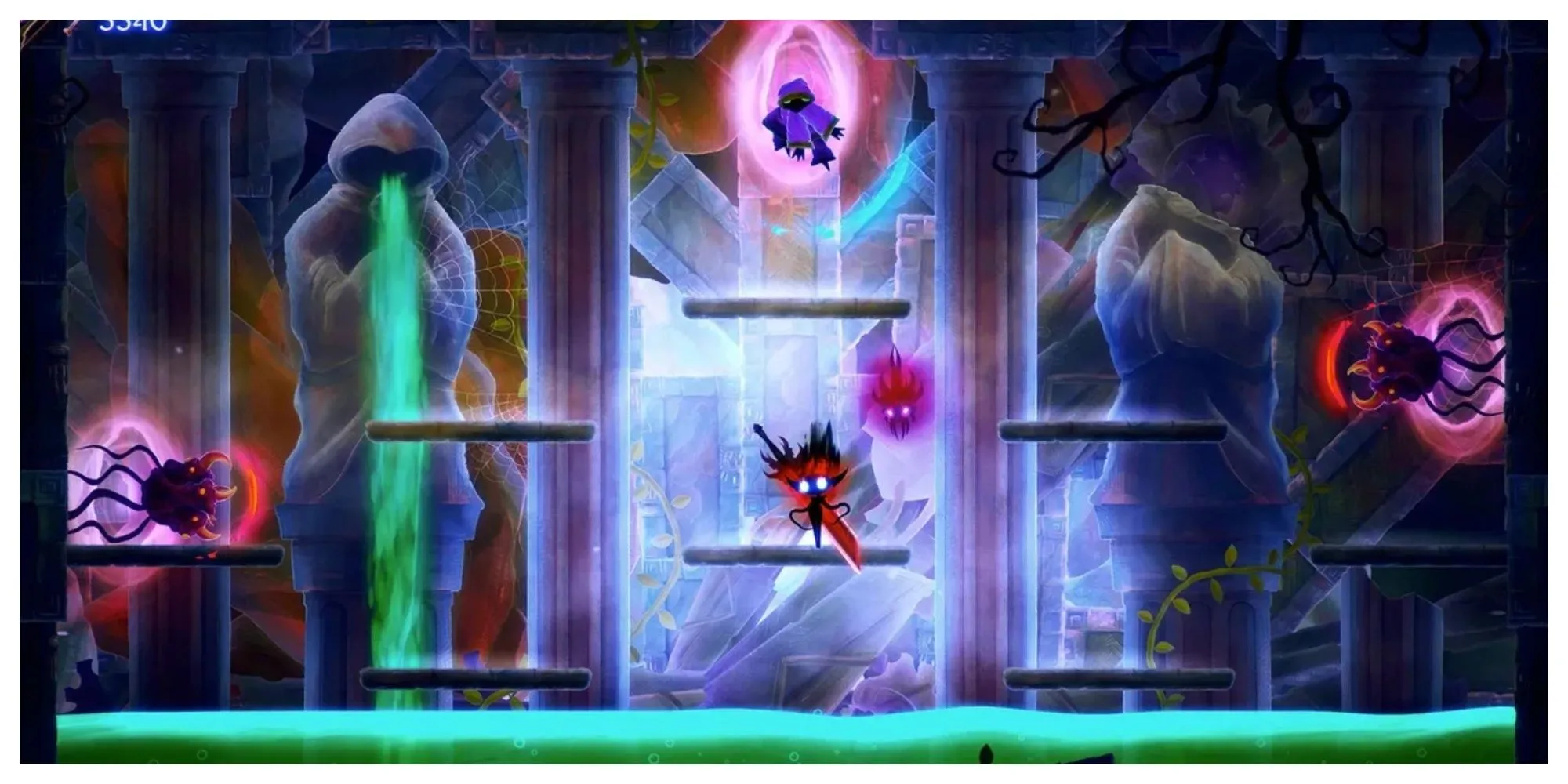 Nhân vật Gloom Girl và thanh kiếm Doomblade bay lượn trong môi trường game