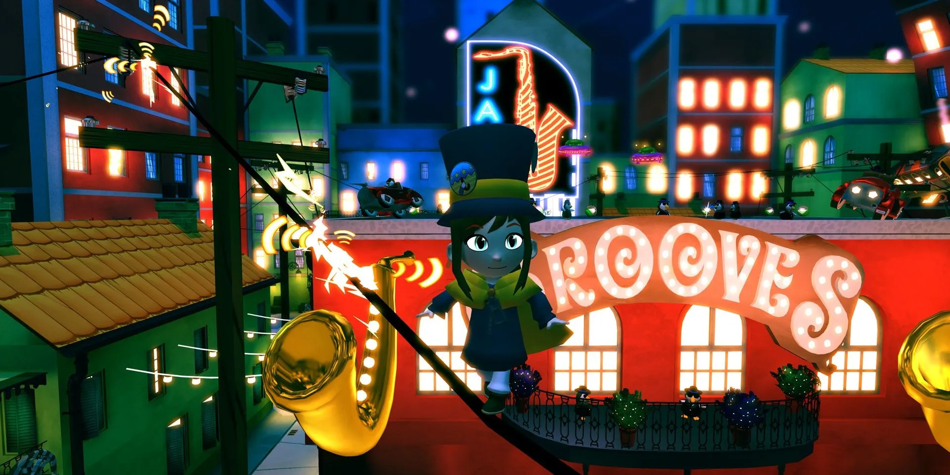 Nhân vật Hat Kid bước đi trên đường dây điện trong A Hat in Time