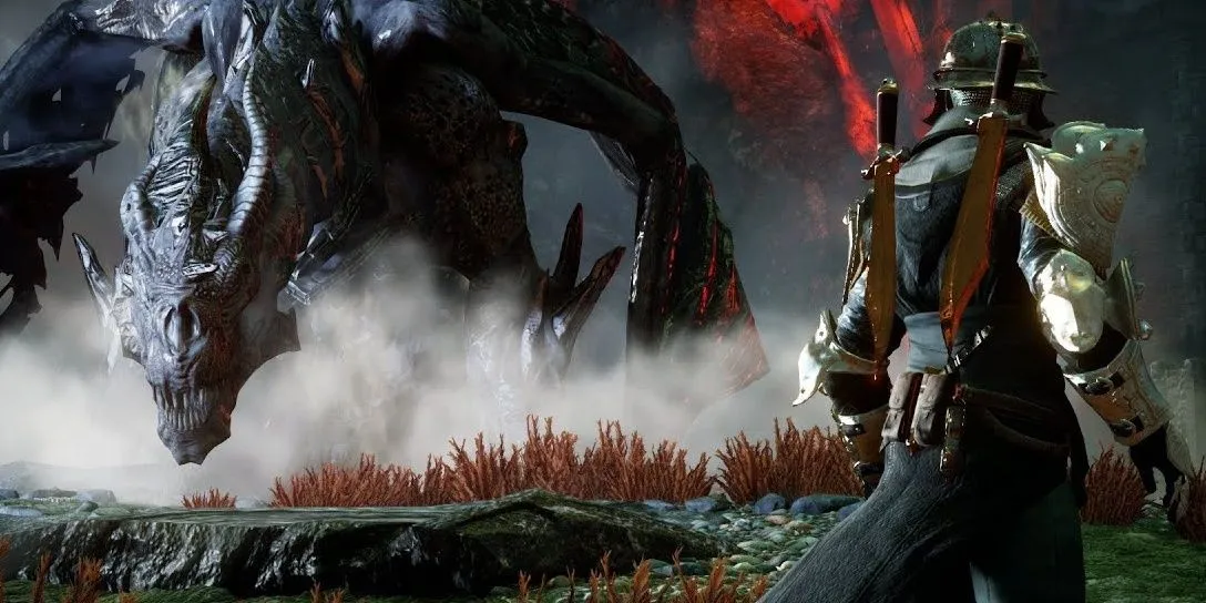Nhân vật Inquisitor đối đầu với rồng trong game Dragon Age Inquisition