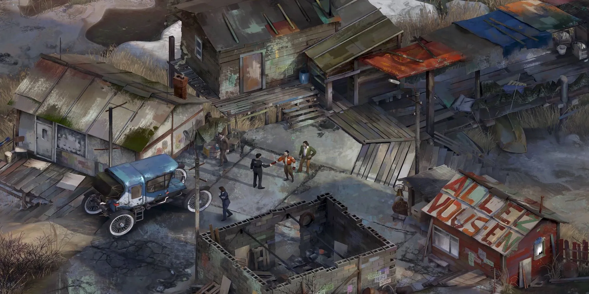 Nhân vật Kim Kitsuragi bắt tay một nhân vật khác trong Disco Elysium