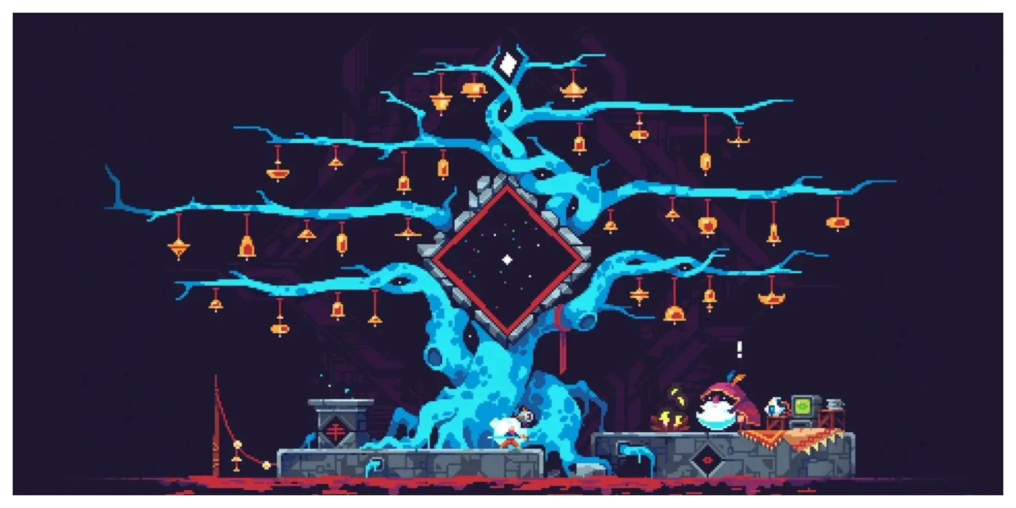 Nhân vật Kyhra trong ScourgeBringer bay lượn và chiến đấu với kẻ thù trong một thế giới pixel art sống động