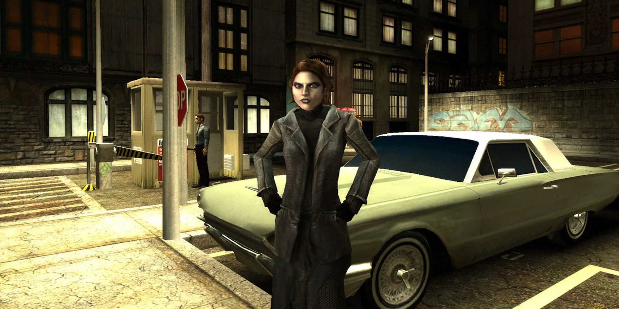 Nhân vật ma cà rồng mặc áo choàng dài trong bối cảnh tối tăm, từ game Vampire: The Masquerade - Bloodlines