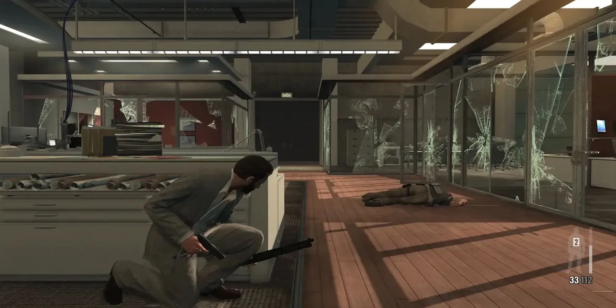 Nhân vật Max Payne thực hiện pha nhảy slow motion né đạn đặc trưng trong Max Payne 3