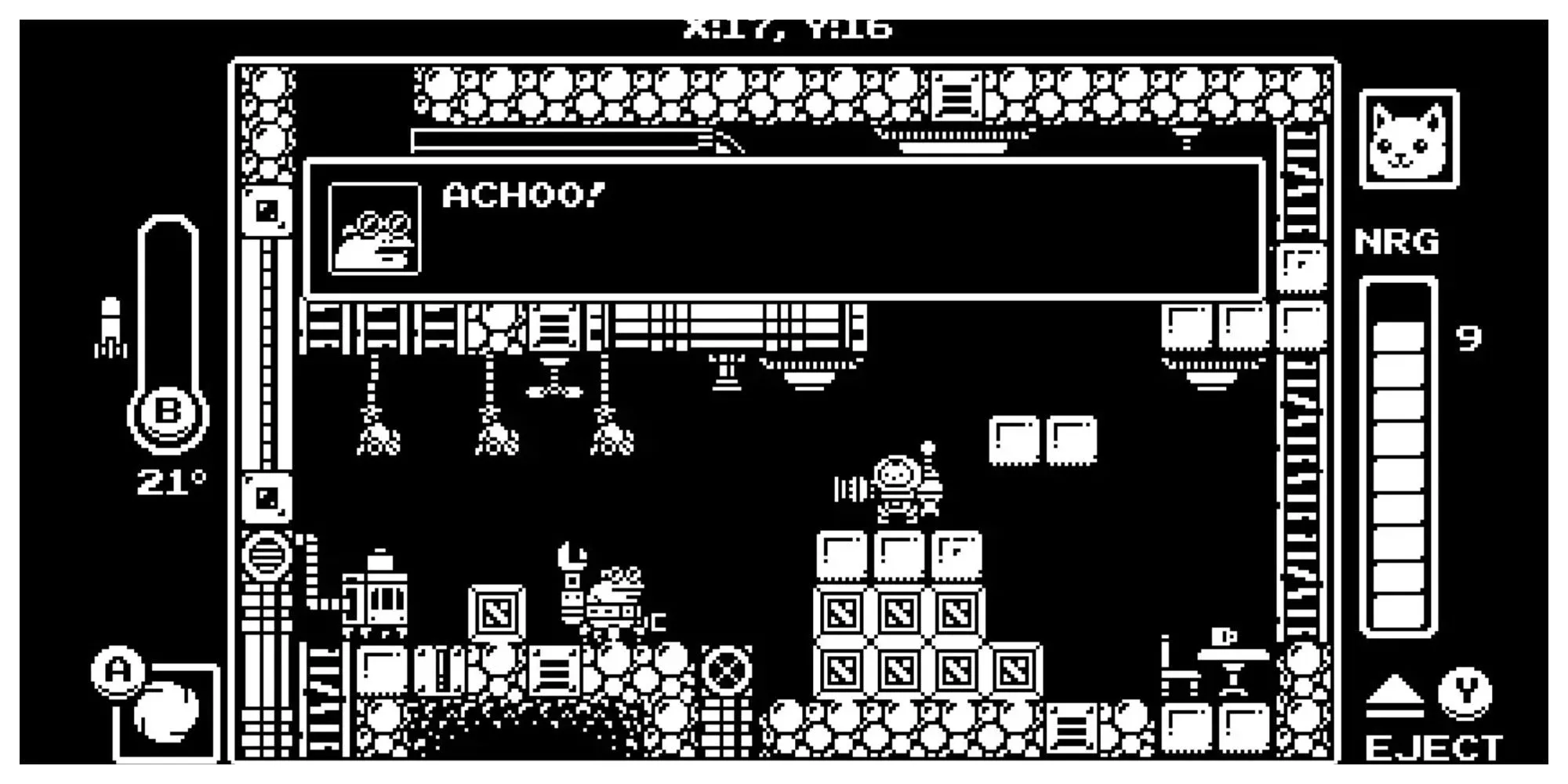 Nhân vật mèo trong bộ giáp robot đang chiến đấu trong game Gato Roboto, một tựa game metroidvania pixel art đen trắng