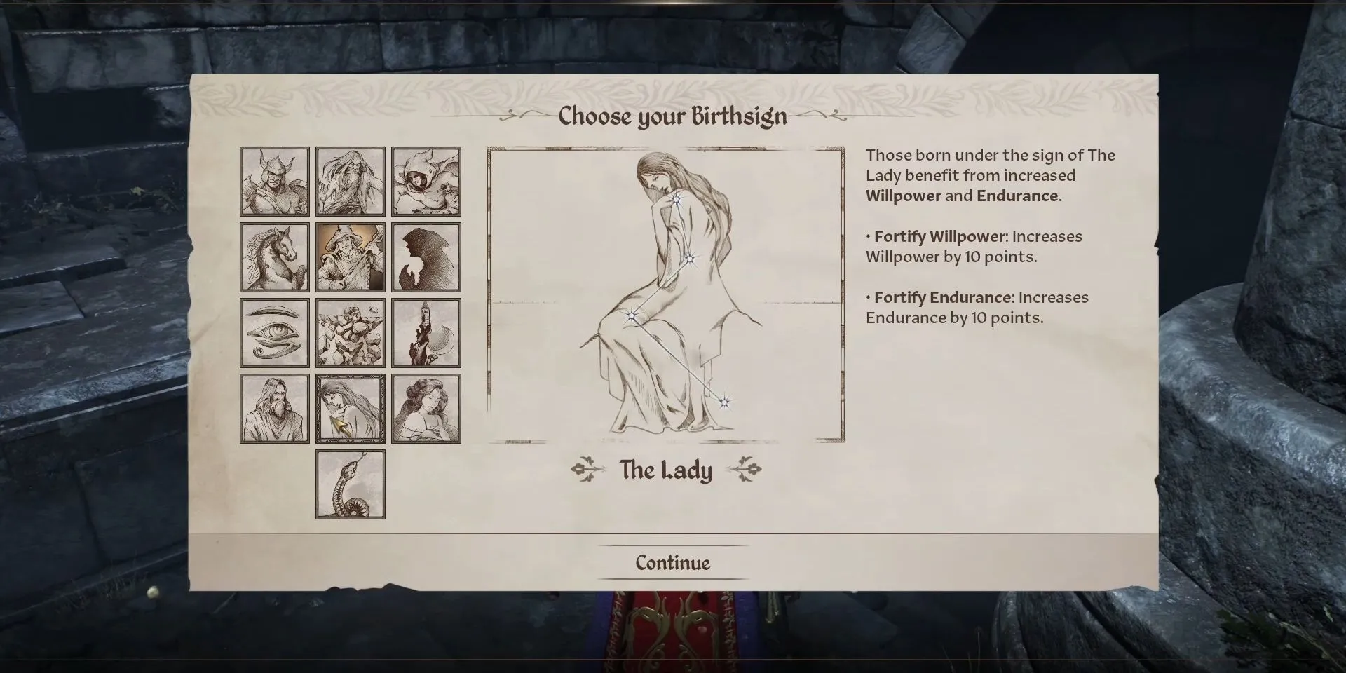 Nhân vật người chơi hiển thị hiệu ứng Fortify Endurance và Willpower từ cung Lady trong Oblivion Remastered