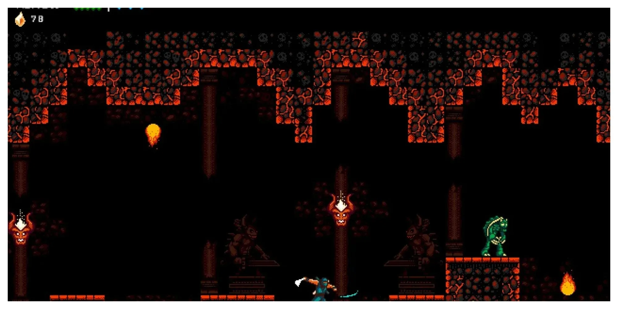Nhân vật ninja trong The Messenger di chuyển qua các màn chơi 8-bit và 16-bit, một tựa game Metroidvania có nhạc nền chiptune ấn tượng