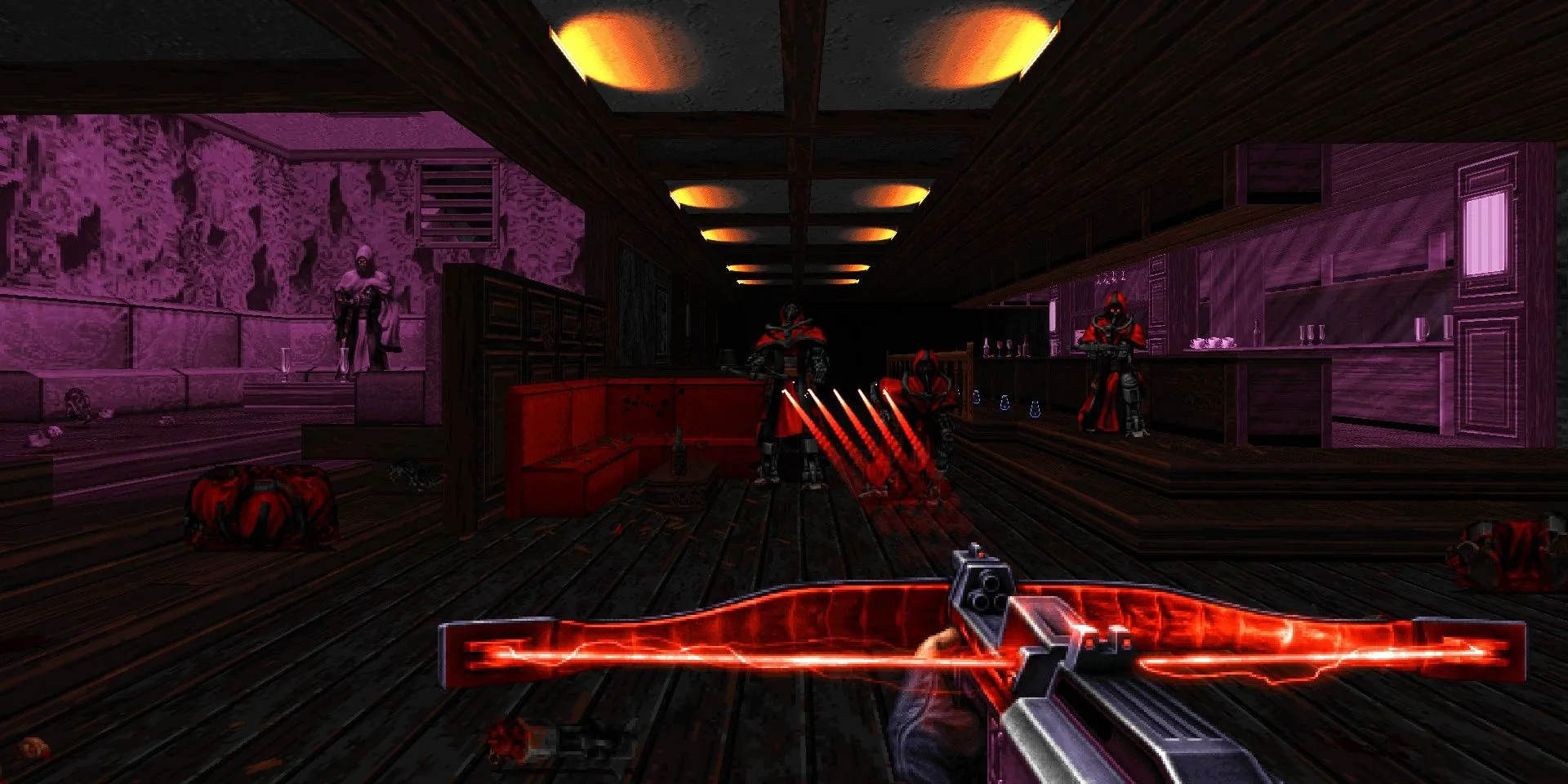 Nhân vật nữ chính Shelly Harrison đang sử dụng vũ khí Ion Bow trong game Ion Fury với hiệu ứng cháy nổ pixel art đặc trưng