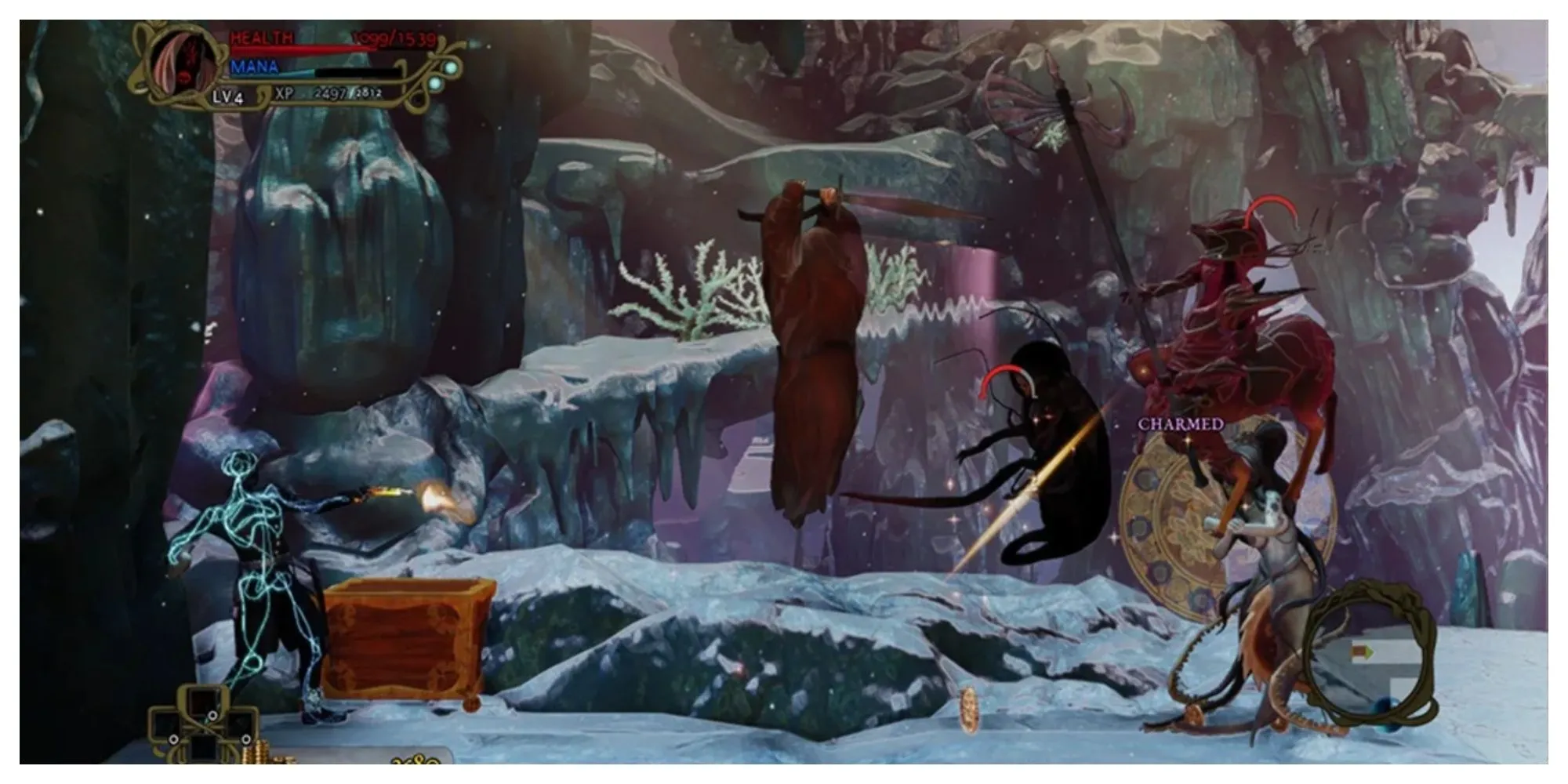 Nhân vật nữ Katrien trong Abyss Odyssey chiến đấu với kẻ thù trong một hang động tối tăm