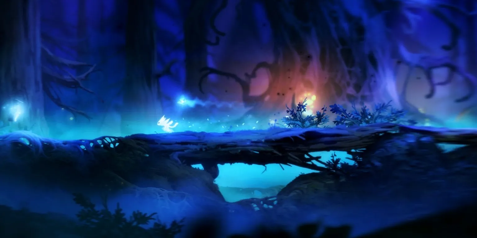 Nhân vật Ori trong khu rừng ở Ori and the Blind Forest, một tựa game Metroidvania cảm động và đẹp mắt