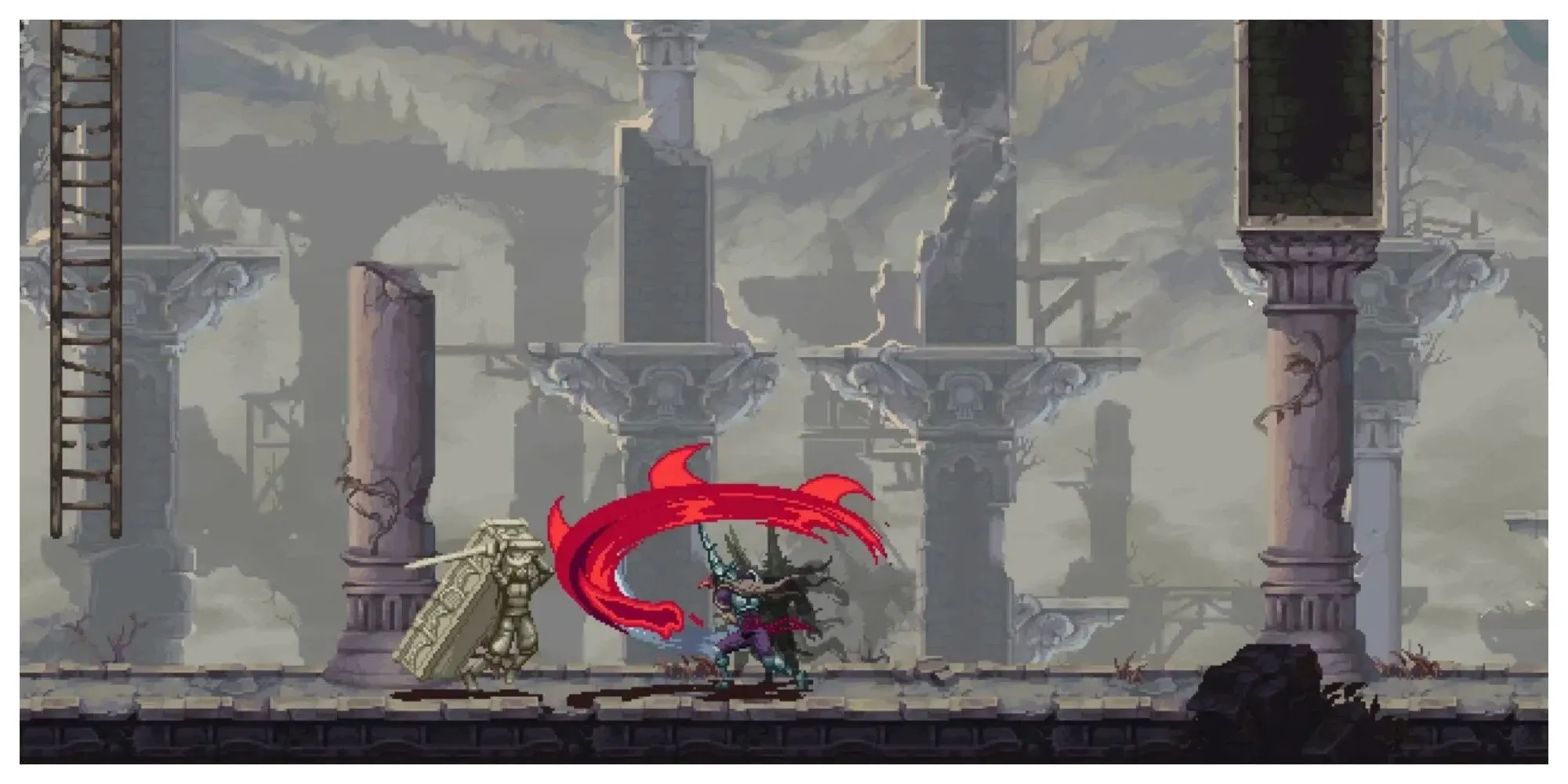 Nhân vật Penitent One trong game Blasphemous II đứng giữa khung cảnh đậm chất gothic, một ví dụ về game Metroidvania có soundtrack độc đáo
