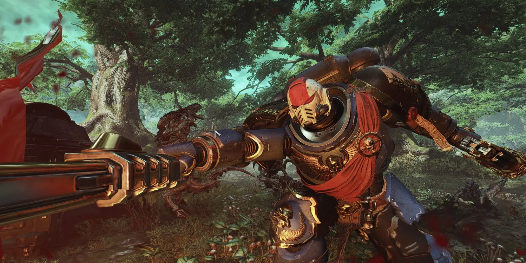 Nhân vật Space Marine trong game Warhammer 40,000: Space Marine 2 đang chiến đấu với Tyranids, một dự án của Saber Interactive.