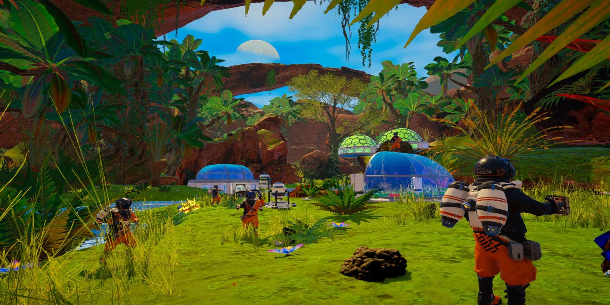 Nhân vật The Planet Crafter trong khu nhà bong bóng và đang làm đất