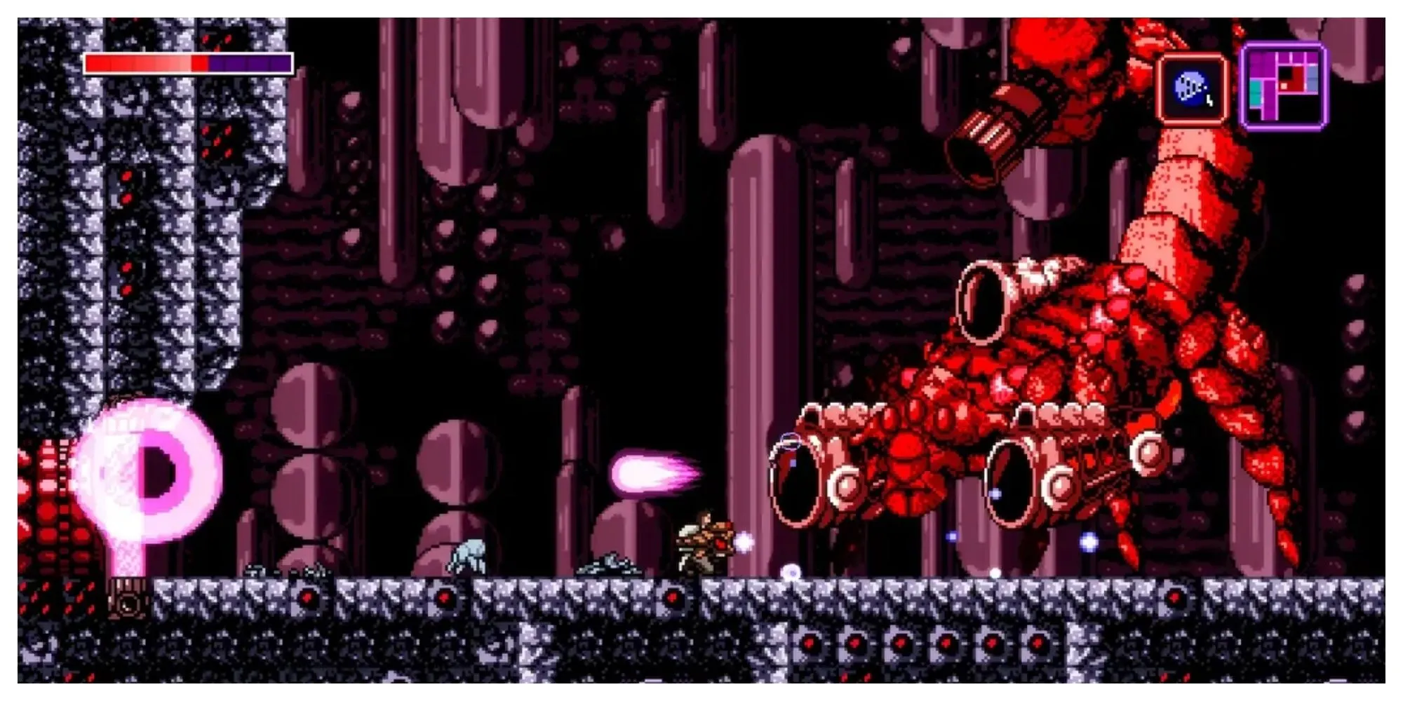 Nhân vật Trace trong game Axiom Verge khám phá thế giới alien đầy bí ẩn, một tựa game Metroidvania có nhạc nền xuất sắc