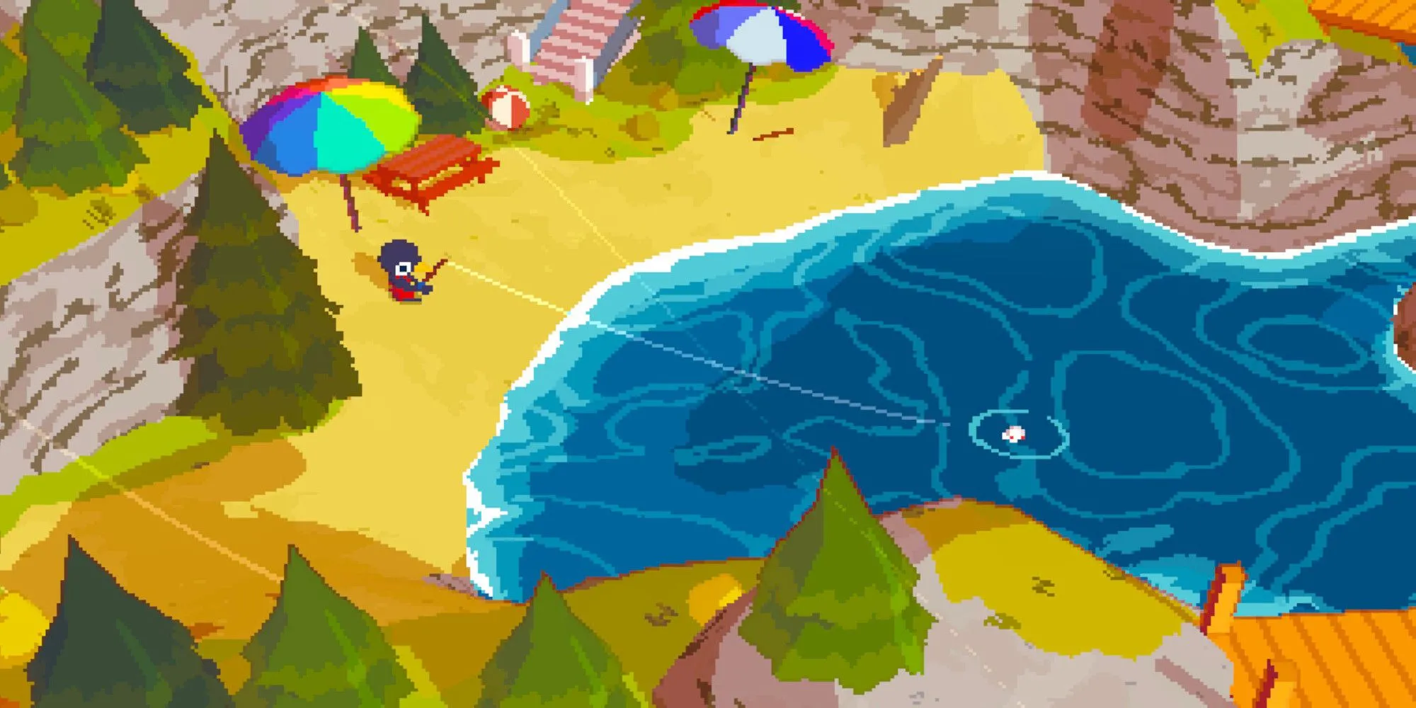 Nhân vật trong A Short Hike đang câu cá bên bờ biển, gợi ý hoạt động khám phá trong game