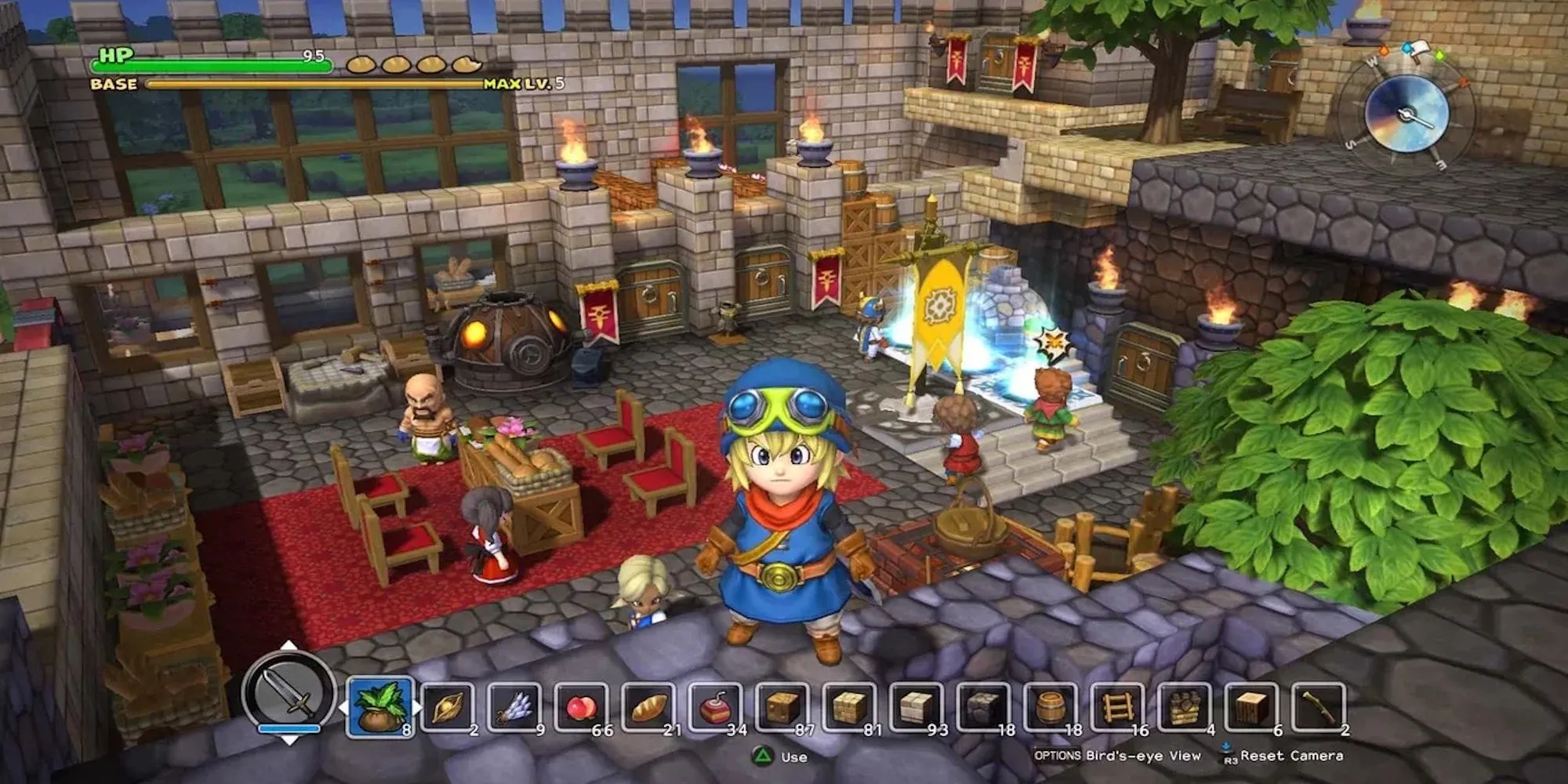 Nhân vật trong Dragon Quest Builders đang xây dựng một công trình bằng các khối vuông trong một thế giới đầy màu sắc