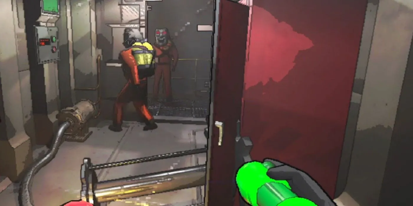 Nhân vật trong Lethal Company đang quan sát đồng đội bị quỷ ám bị nhốt bên ngoài phi thuyền