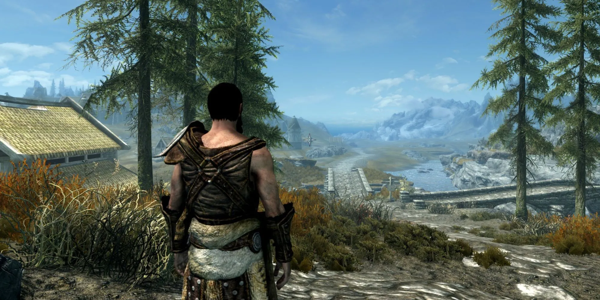 Nhân vật trong Skyrim chiêm ngưỡng bầu trời đêm kỳ ảo với cực quang phương Bắc