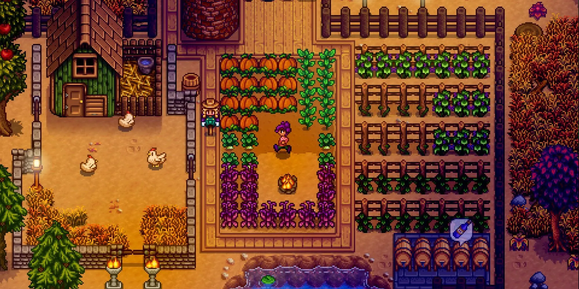 Nhân vật trong Stardew Valley đang đứng trước căn bếp đã nâng cấp
