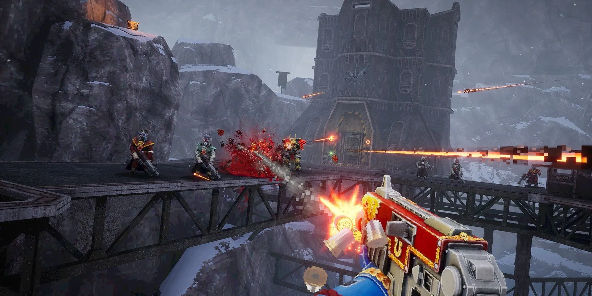 Nhân vật Ultramarine đang khai hỏa khẩu Boltgun trứ danh trong game Warhammer 40,000: Boltgun, tiêu diệt lũ quái vật dị giáo