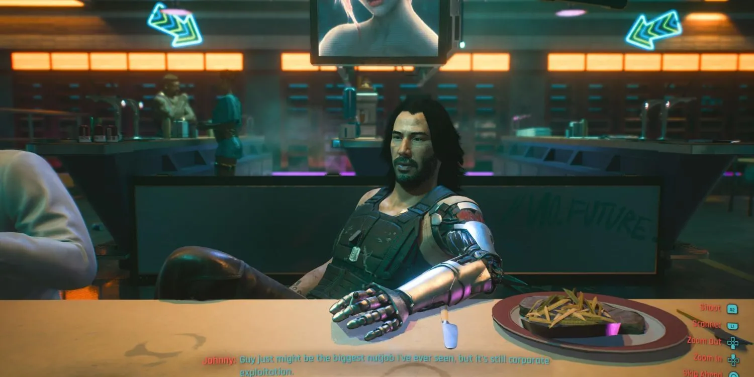 Nhân vật V ngắm nhìn thành phố Night City rực rỡ trong Cyberpunk 2077