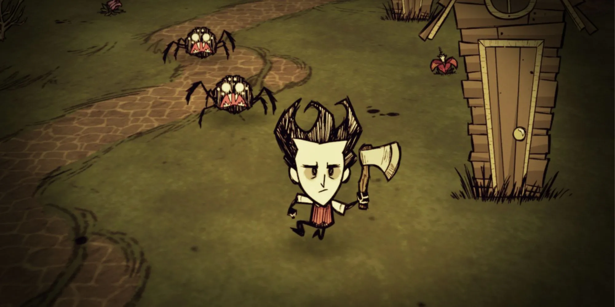 Nhân vật Wilson trong Don't Starve cầm rìu chuẩn bị cho những thử thách sinh tồn