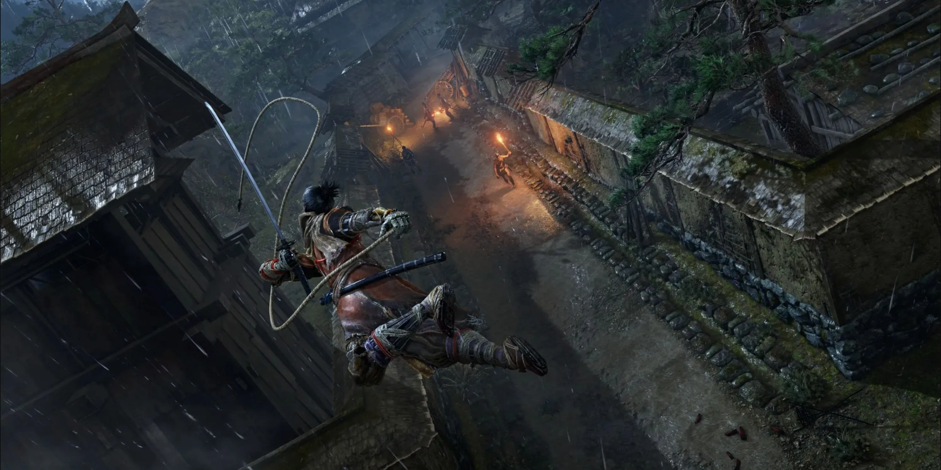 Nhân vật Wolf sử dụng dây móc (Grappling Hook) để di chuyển trên mái nhà trong Sekiro Shadows Die Twice
