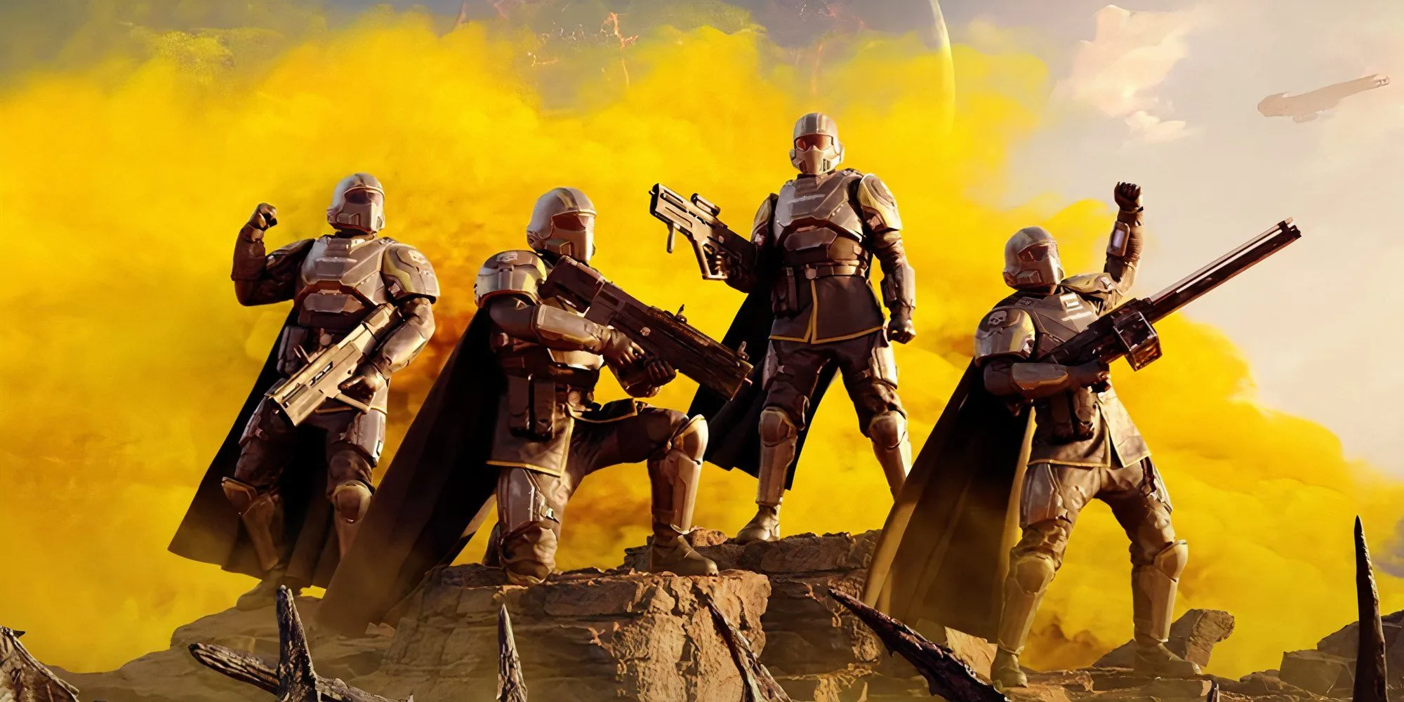 Nhóm lính Helldivers 2 đứng trên xác quái vật, thể hiện sự chiến thắng sau trận chiến khốc liệt