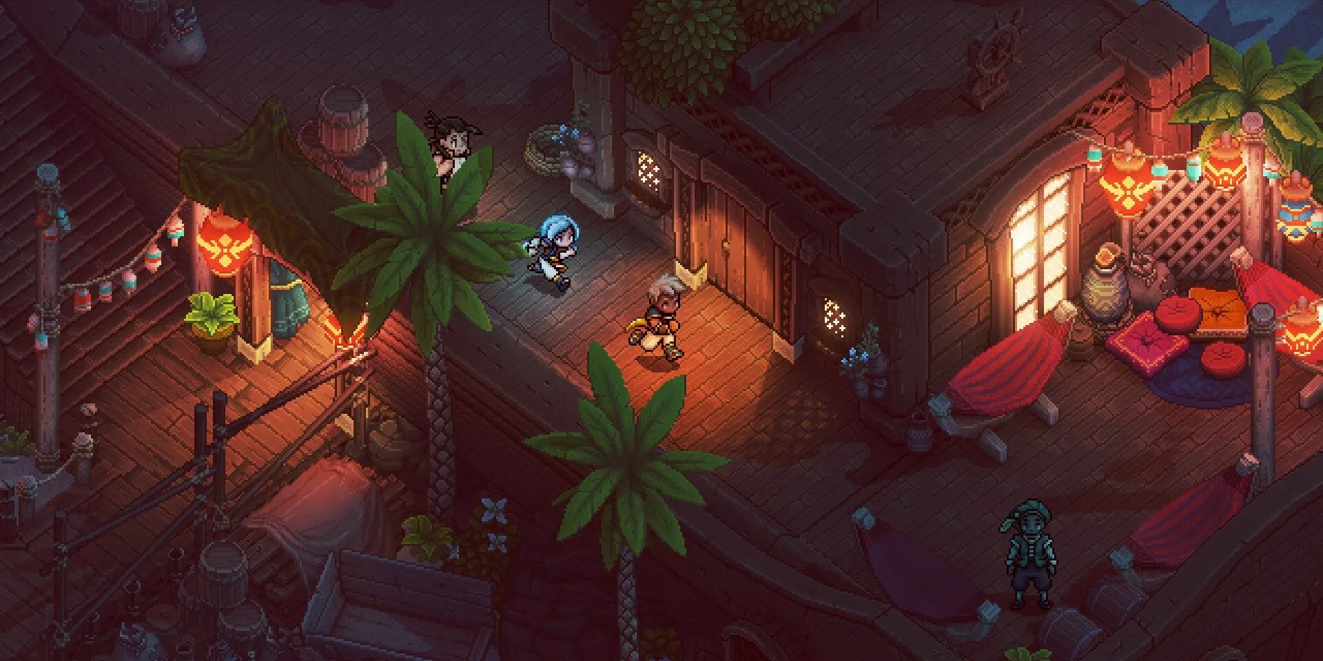 Nhóm nhân vật chạy qua một thị trấn trong game Sea of Stars với đồ họa pixel art