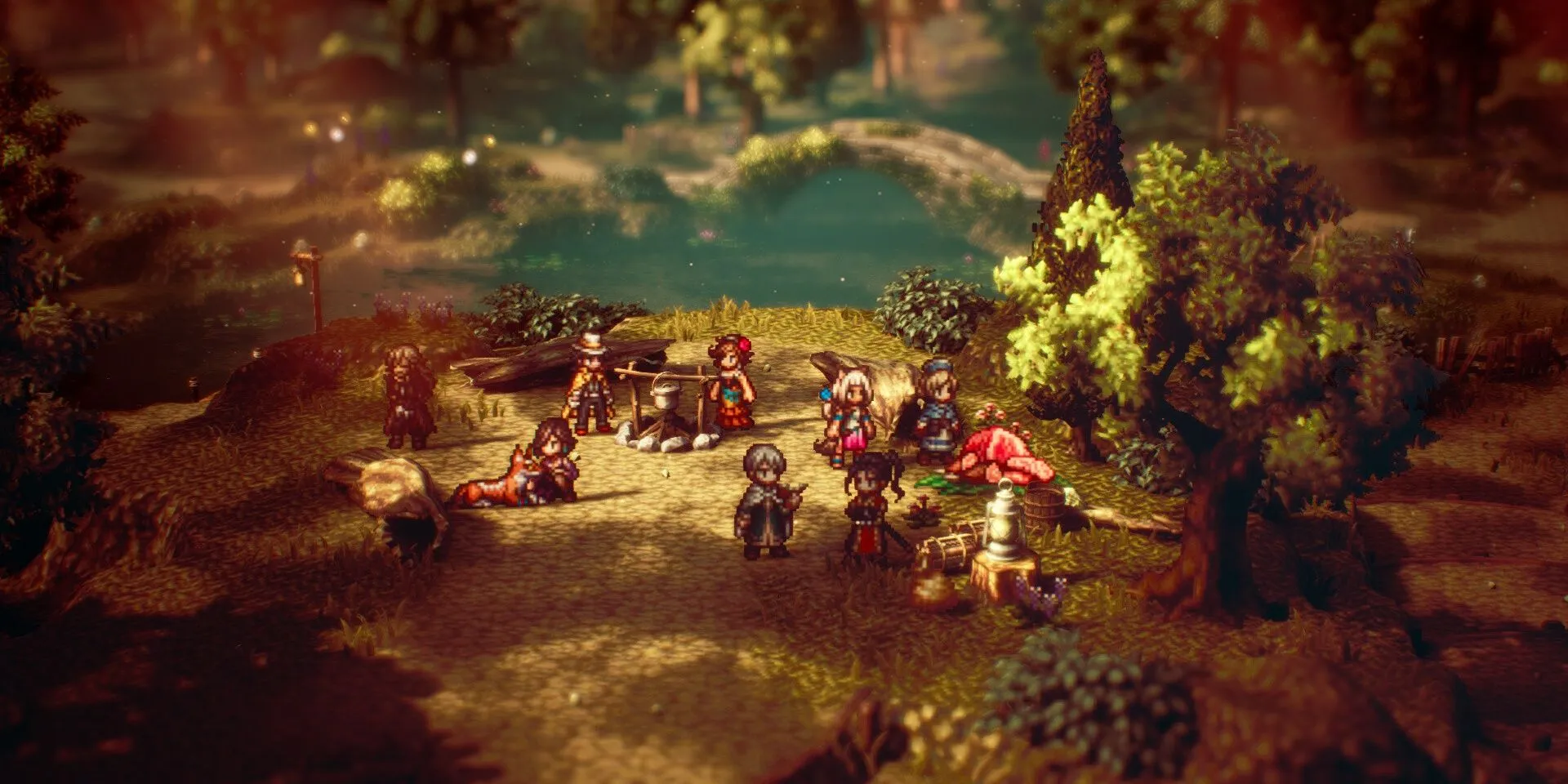 Nhóm nhân vật tụ tập quanh lửa trại trong Octopath Traveler 2