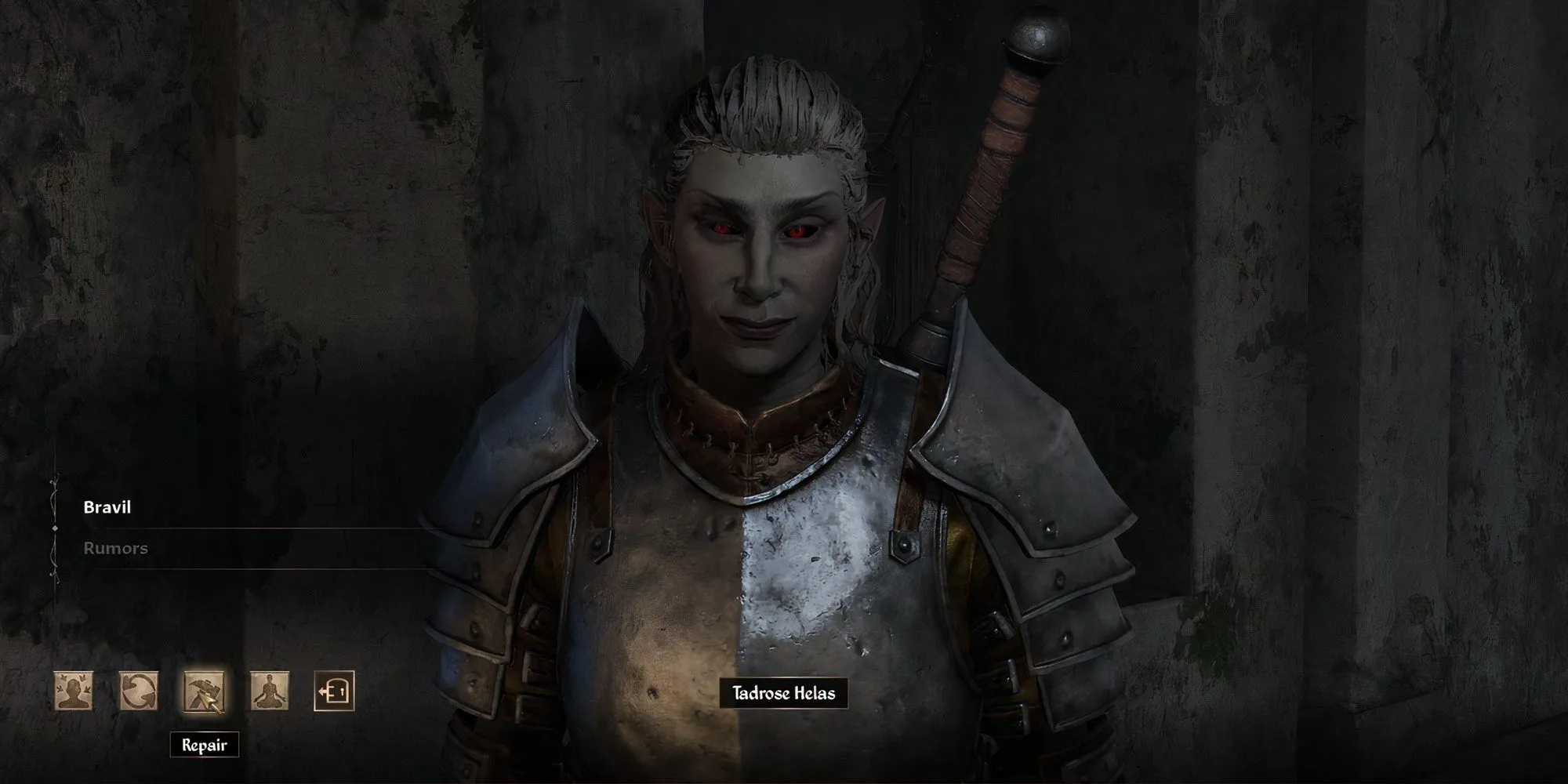 NPC Tadrose Helas tại Fighter's Guild Bravil, người có thể đào tạo kỹ năng Thợ Rèn hoặc sửa chữa trang bị cho người chơi Oblivion Remastered.