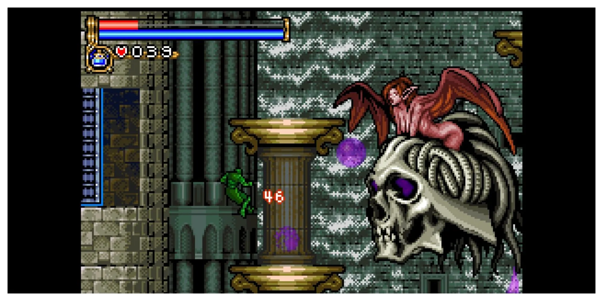 Nữ ma cà rồng Carmilla trong Castlevania Circle of the Moon cưỡi đầu lâu khổng lồ