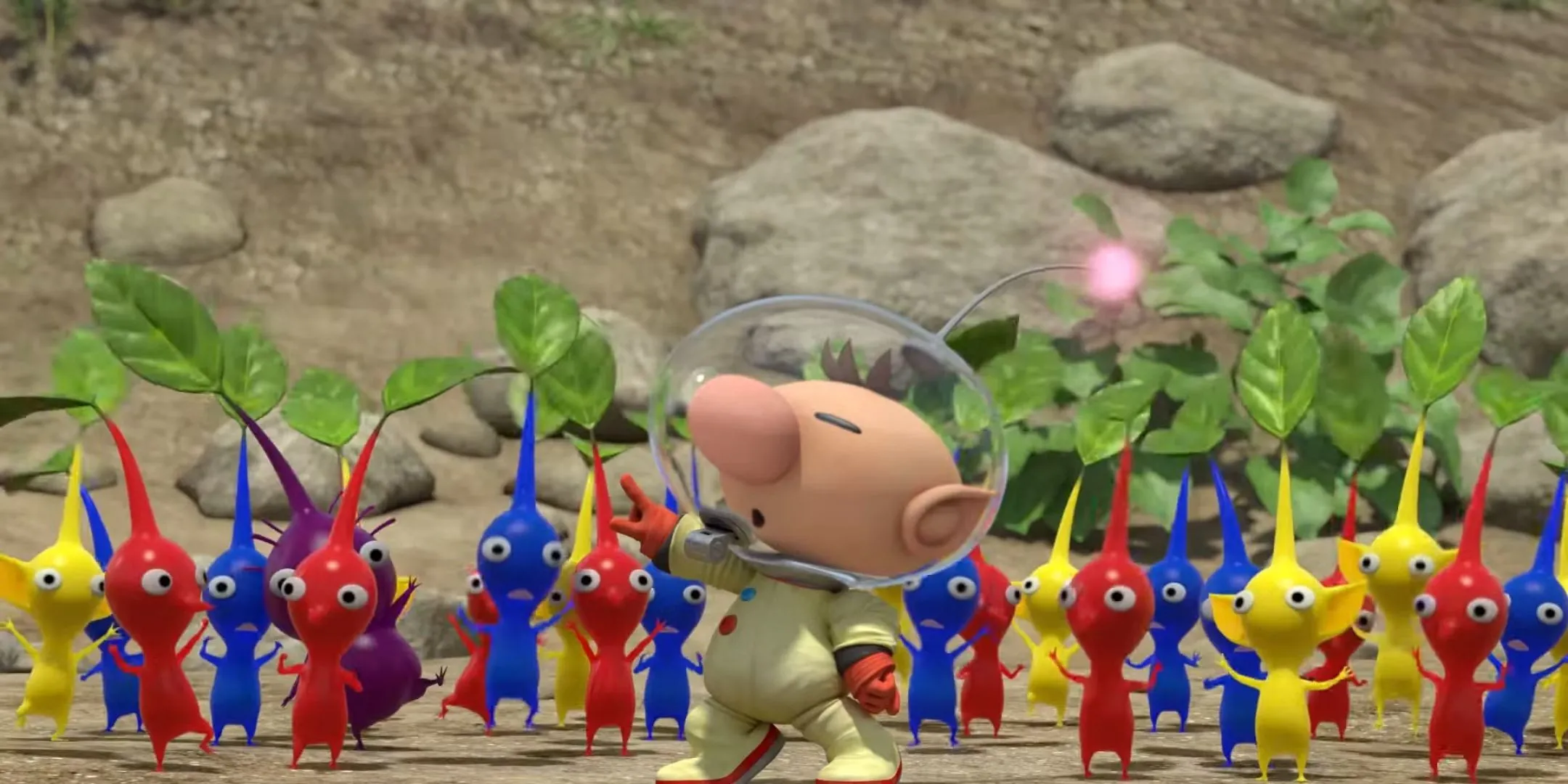 Olimar đang chỉ huy một nhóm Pikmin đỏ, xanh, vàng và tím