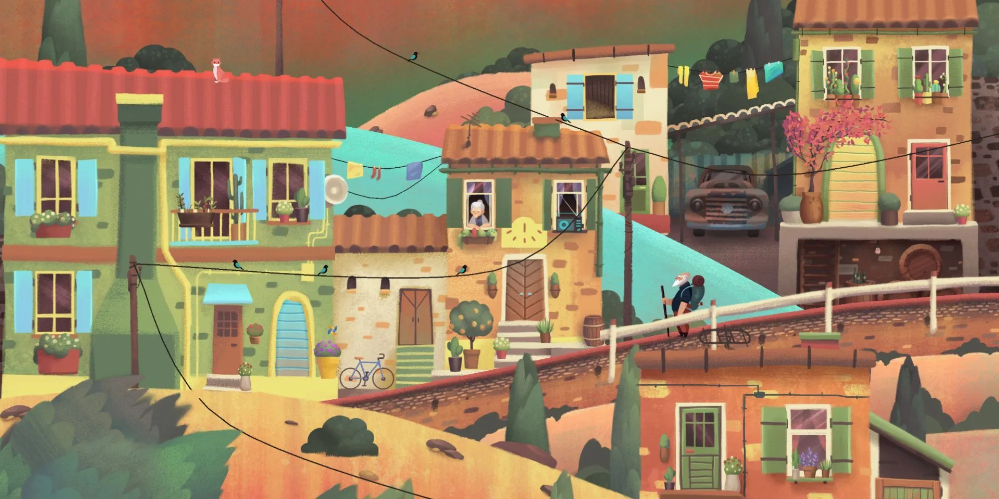 Ông lão trong Old Man's Journey ngồi trên đồi nhìn ra biển với khung cảnh mộng mơ
