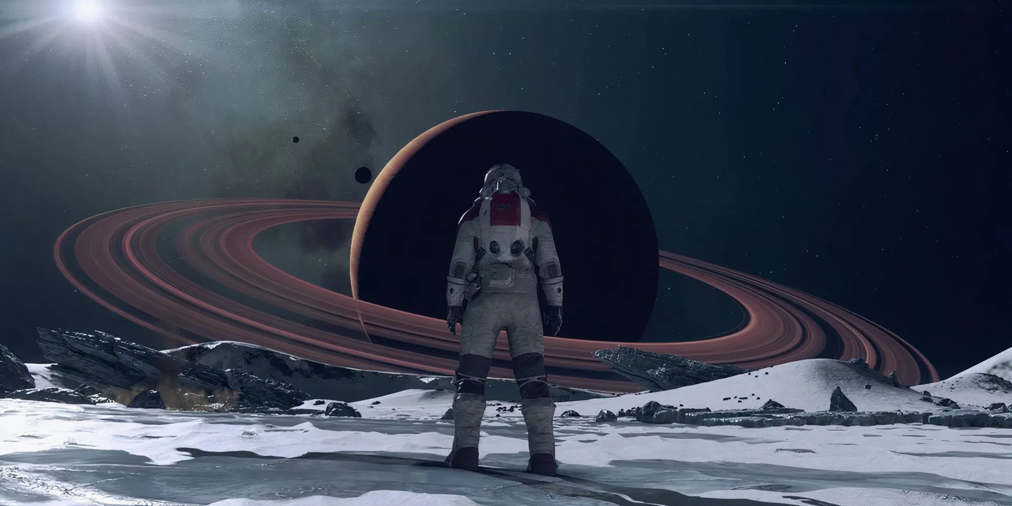 Phi hành gia đứng trước Sao Thổ trong game khoa học viễn tưởng Starfield
