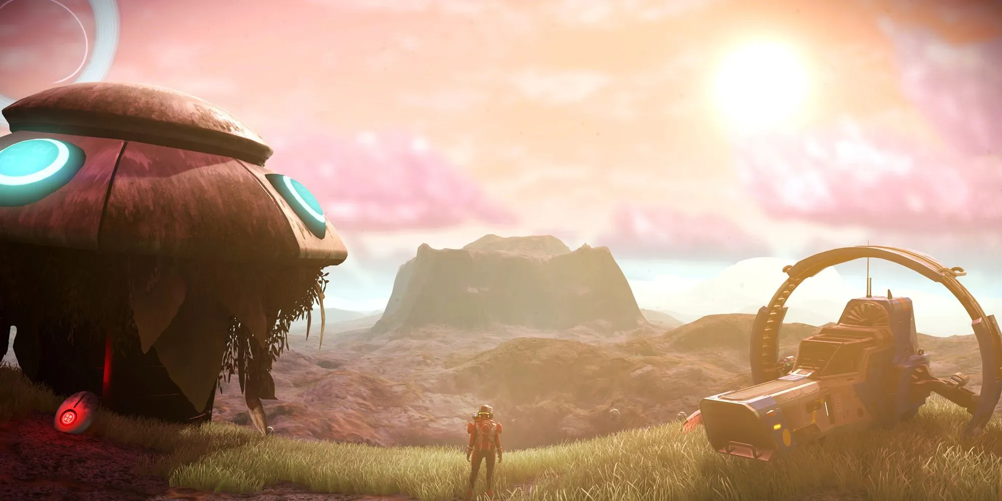 Phi hành gia No Man's Sky đứng trên một hành tinh kỳ lạ với phi thuyền phía sau